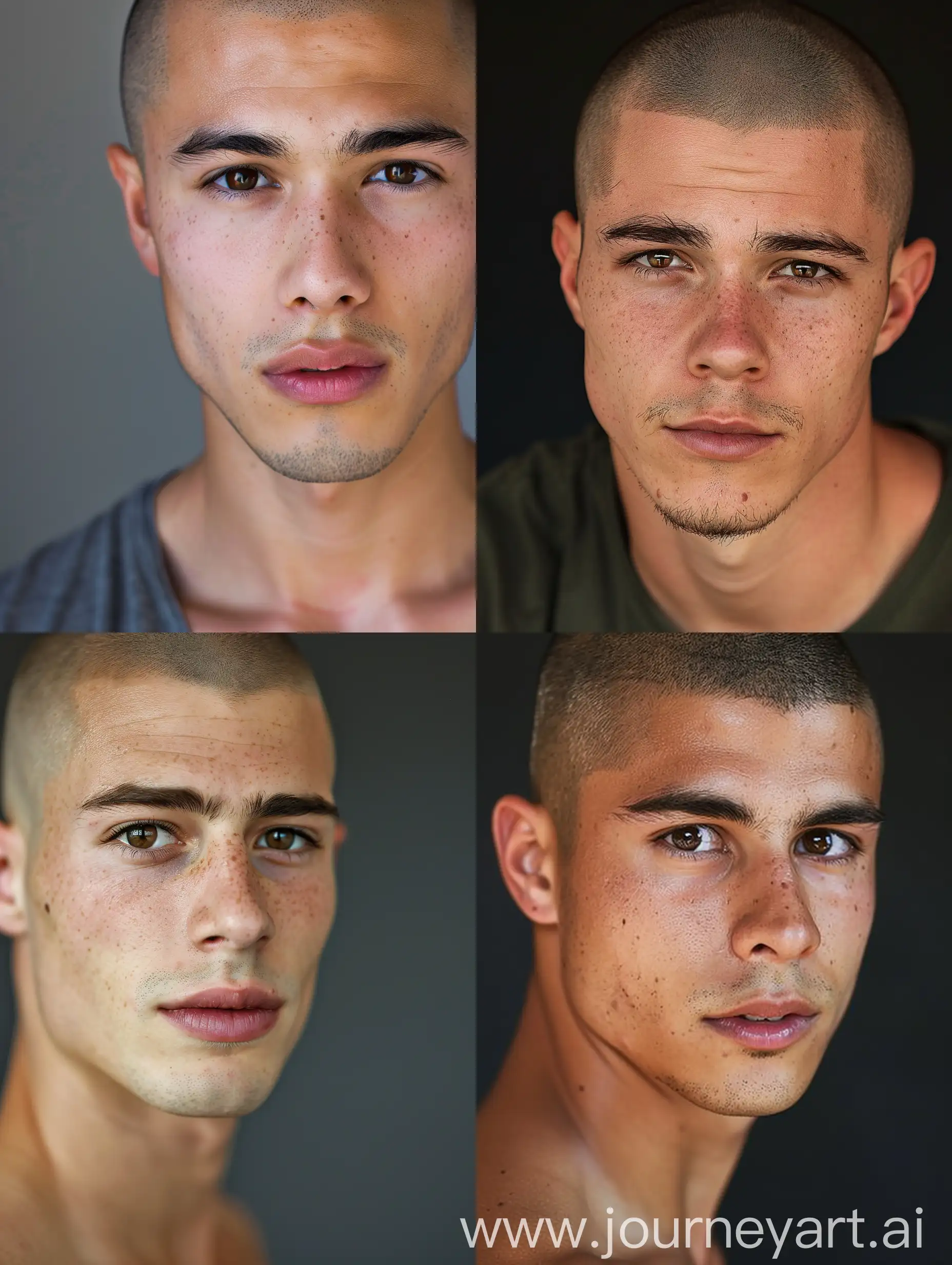 Portrait-of-a-Handsome-29YearOld-Man-with-Shaved-Head-and-Brown-Eyes