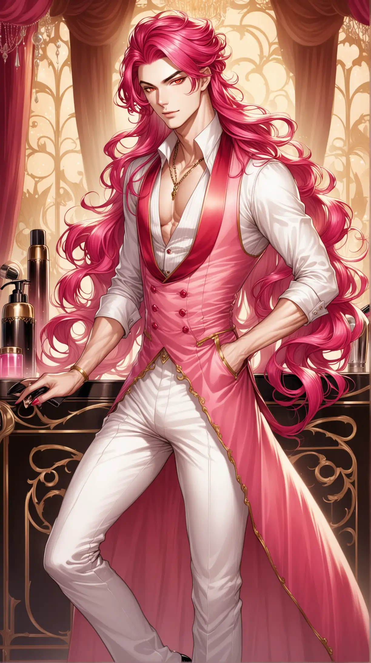 Fabulous Fantasy Male Hairdresser with Long Pink Hair and Fiery Red Eyes