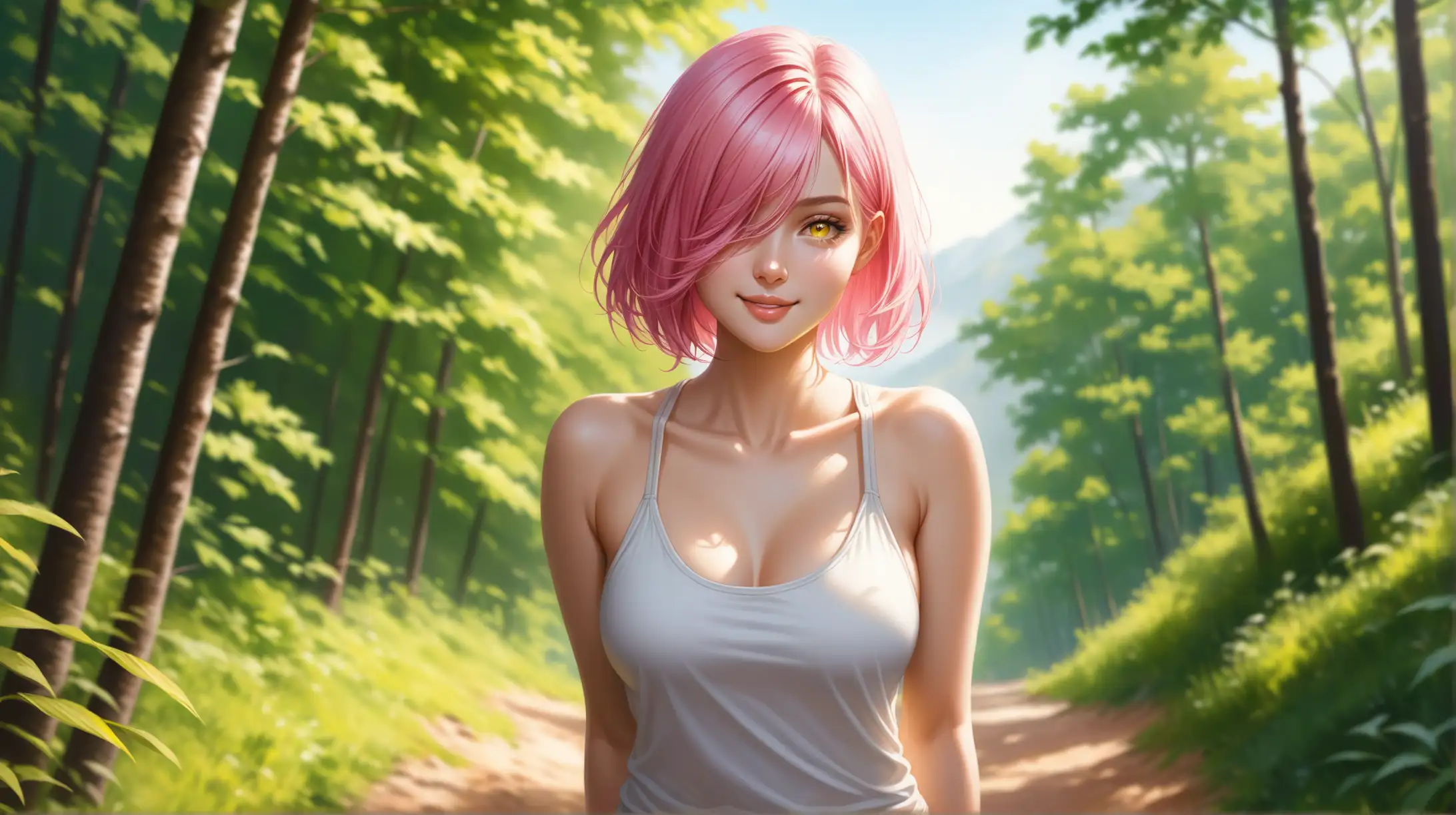 Seductive Summer Hike Woman with Pink Hair Smiling Outdoors