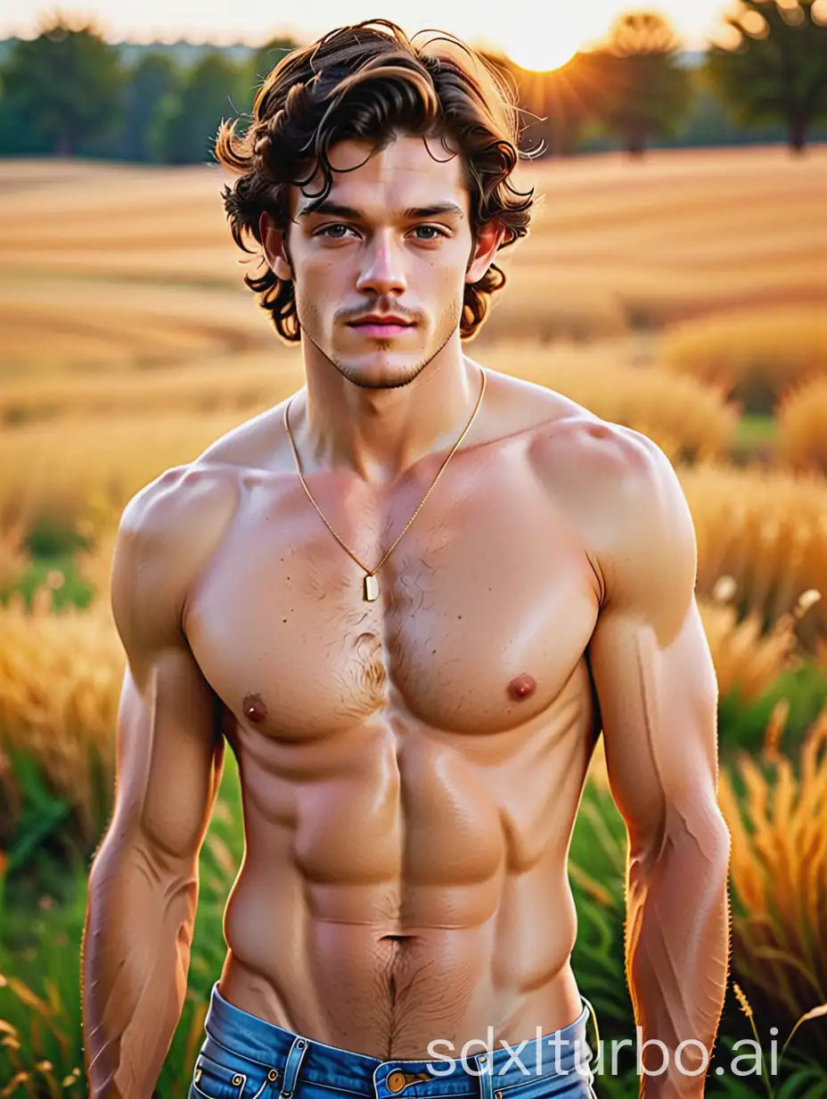youthful fit and built Adonis-like Adam Brody, with hairy chest and eight pack abs shirtless in vintage ripped jeans, in a midwestern meadow during fall at sunset, vibrant volumetric lighting on face and eyes, medium upper body shot, 16k, very high quality, very high resolution, 35mm camera, Adonis, nsfw, face and upper body portrait by Bruce Weber,
