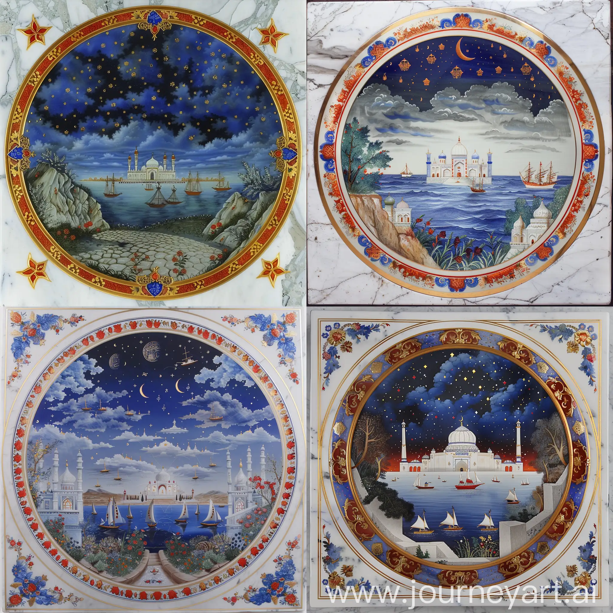 a porcelain medallion, depicting a glorious persian mosque situated beyond sea with ships under night sky on a garden, Red blue iznik motifs at border with golden outlines, Mughal pietra dura decorated white marble frame