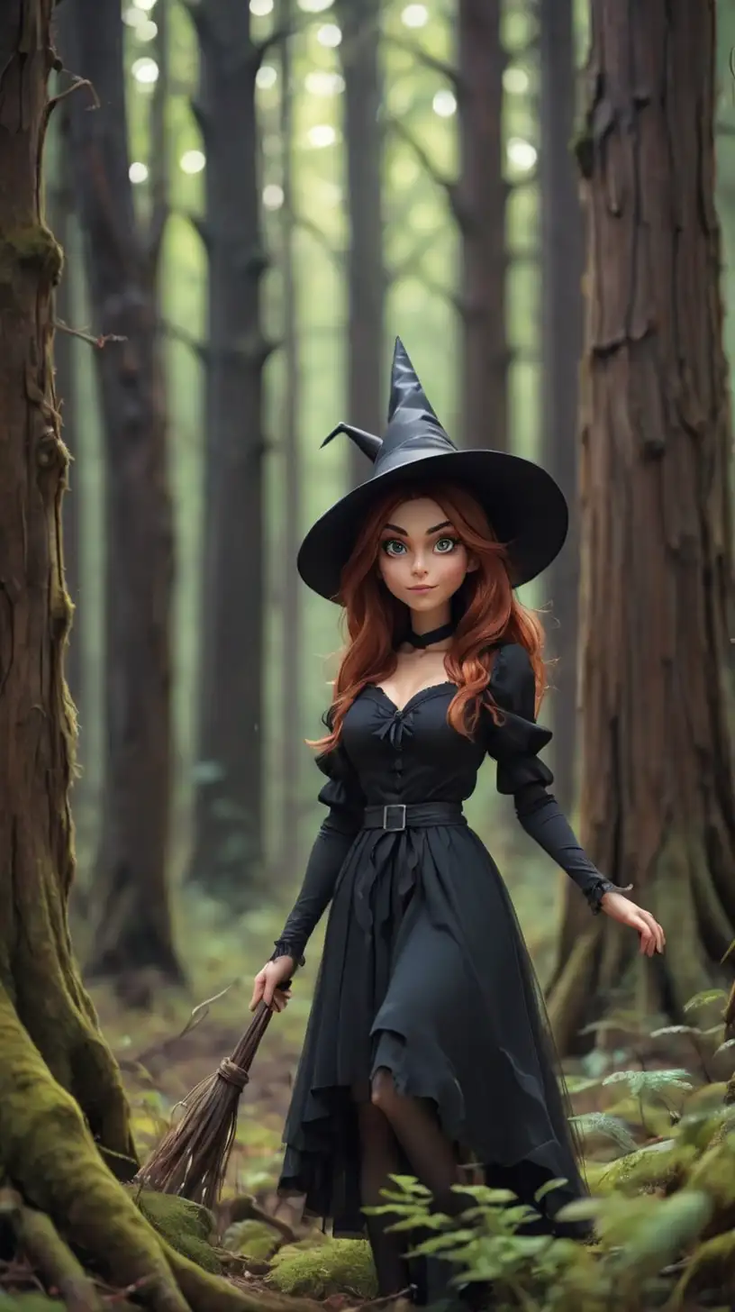 Enchanting Witch Amidst Towering Forest Giants