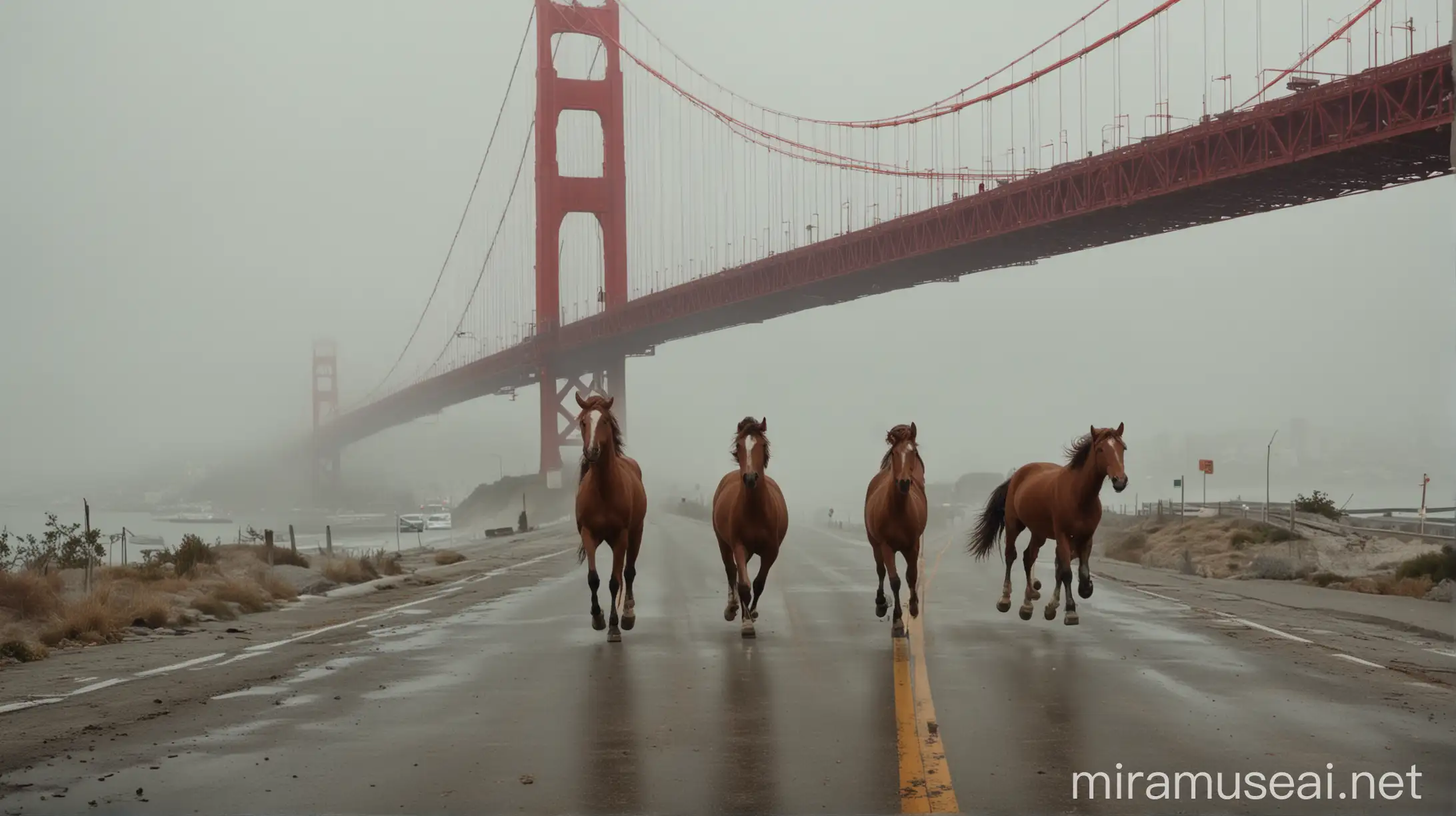 use giuys in the picture on first plan, put behind them a wild horses running on concrete, behind there is visible red san francisco bridge, everything is foggy, whole image should look like movie poster

