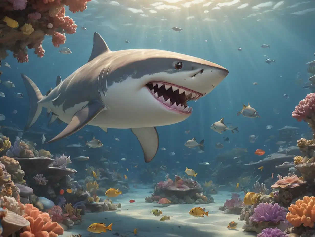 shark, sea creatures, smile, in the shimmering waters of Coral Cove, 3d disney inspire