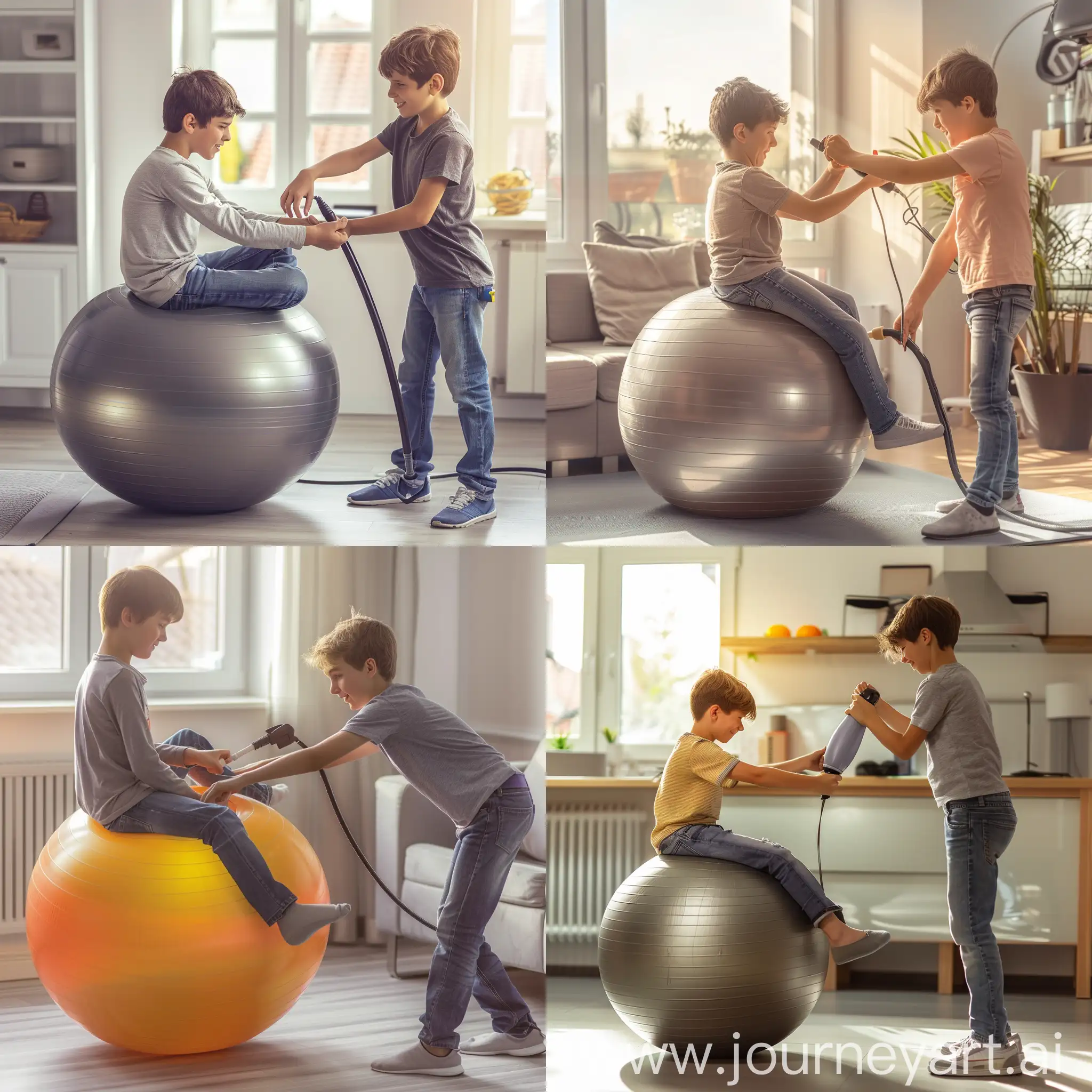 Two 13 year old teenage boys in jeans are shown from a side view, one sitting on a maximally inflated yoga ball in a room filled with natural light, the other one standing next to it with his hands pushing on the handle of a hand air pump to inflate the yoga ball even further.