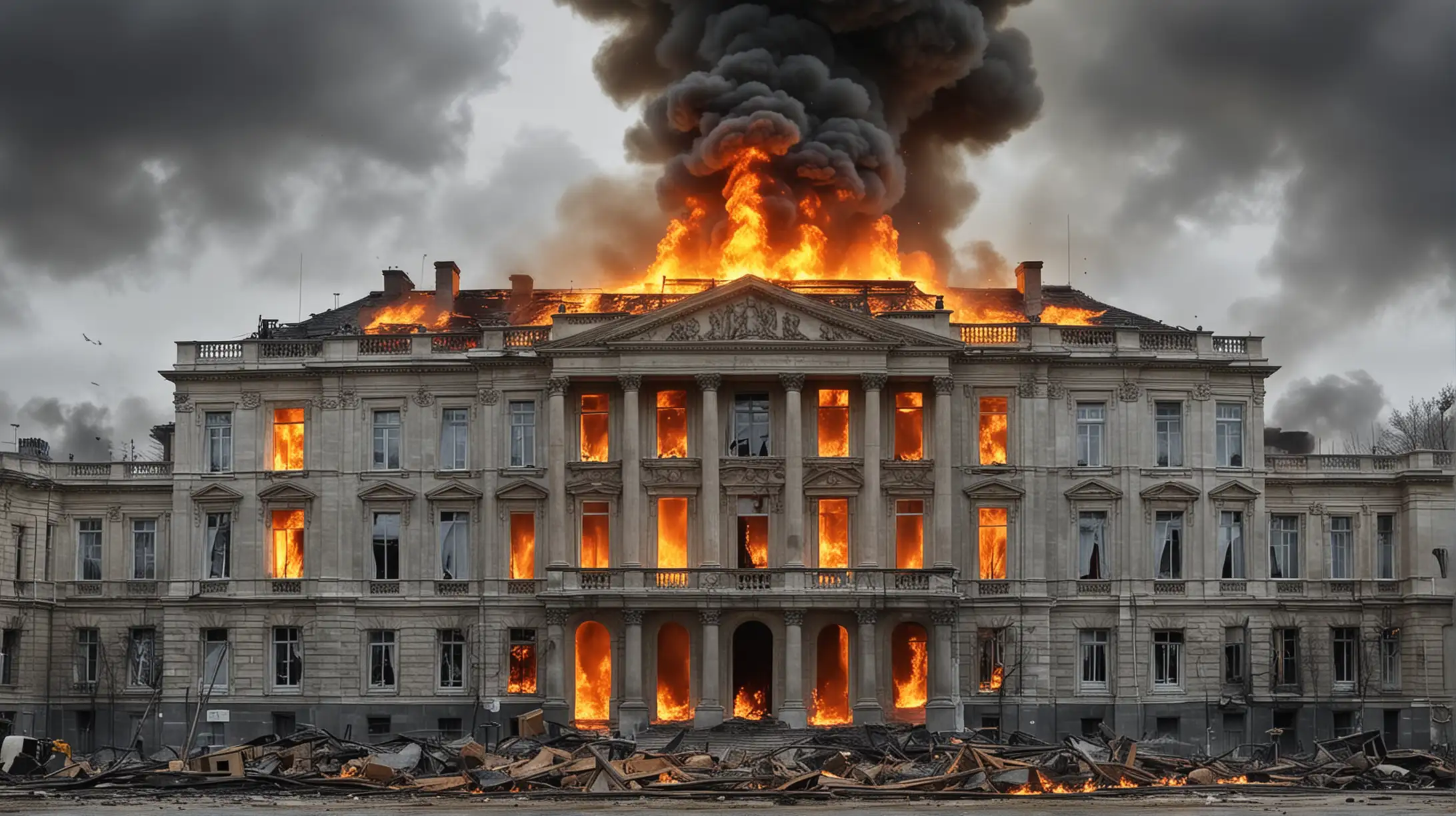 depict eu government house on fire, entire picture depicting economy crisis in a grey background