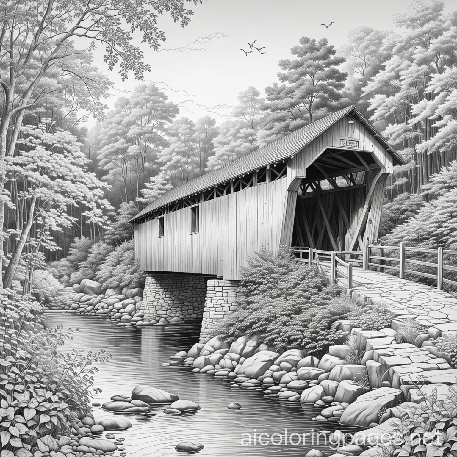create and black and white coloring book picture of a covered bridge. there is some ivy growing on the bridge. it is an aerial view of the bridge. realistic. . It is in the fall and leaves are falling off the trees. There is some rolling hills in the distance as the sun sets. clean crisp lines. adult coloring book., Coloring Page, black and white, line art, white background, Simplicity, Ample White Space. The background of the coloring page is plain white to make it easy for young children to color within the lines. The outlines of all the subjects are easy to distinguish, making it simple for kids to color without too much difficulty
