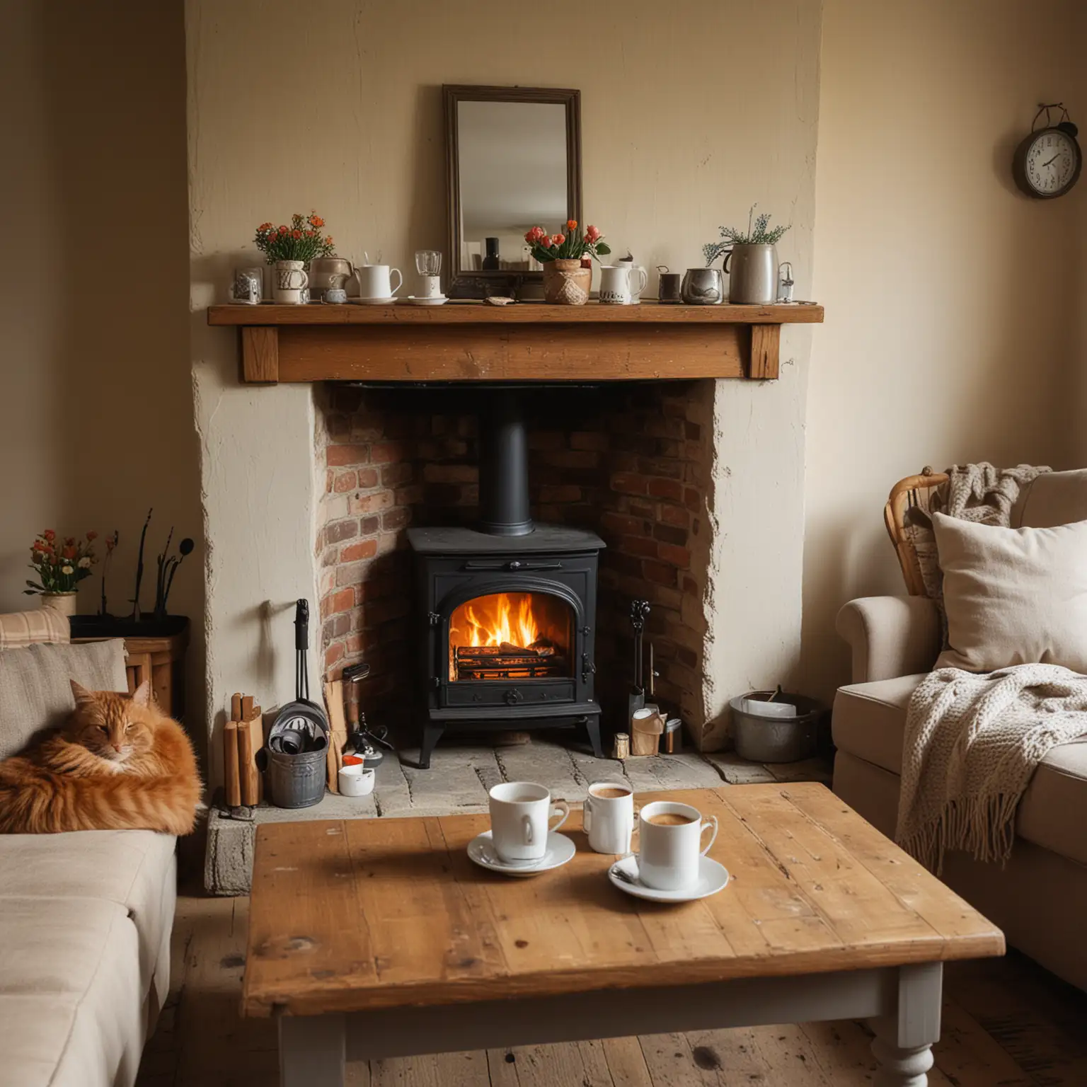 a cosy fireplace inside a country cottage with coffee cups on a table no people a cat on the sofa