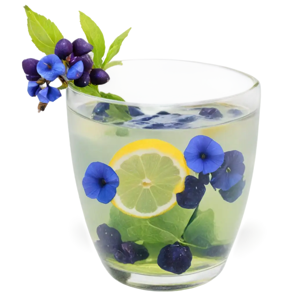 a glass of warm blue infused water with a mixture of butterfly pea flowers, lemon, berries and mint leaves