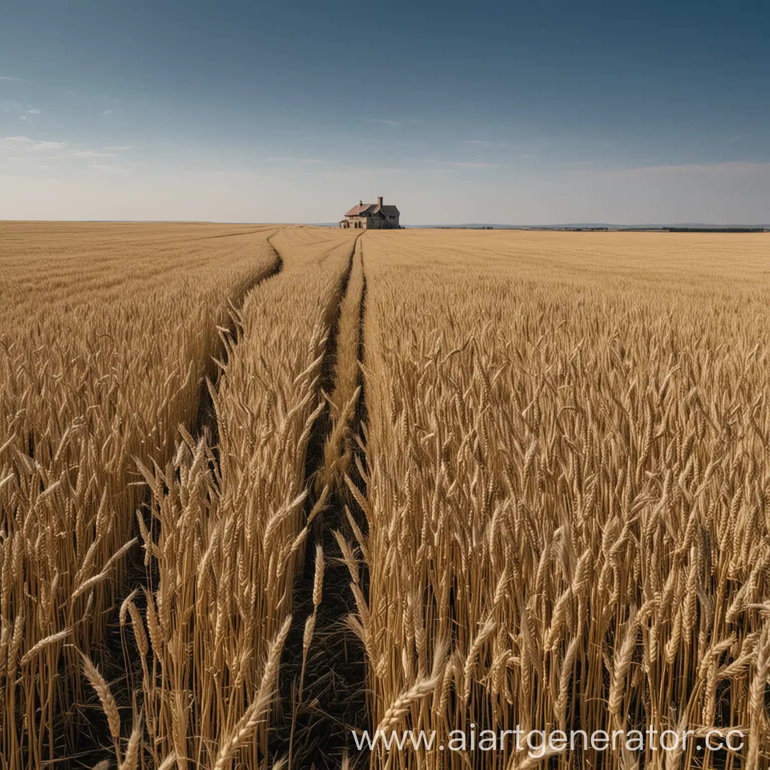 Endless fields of wheat, the horizon line in the middle of the image, the horizon is not visible, blue sky, midday, a lonely country house stands on the edge