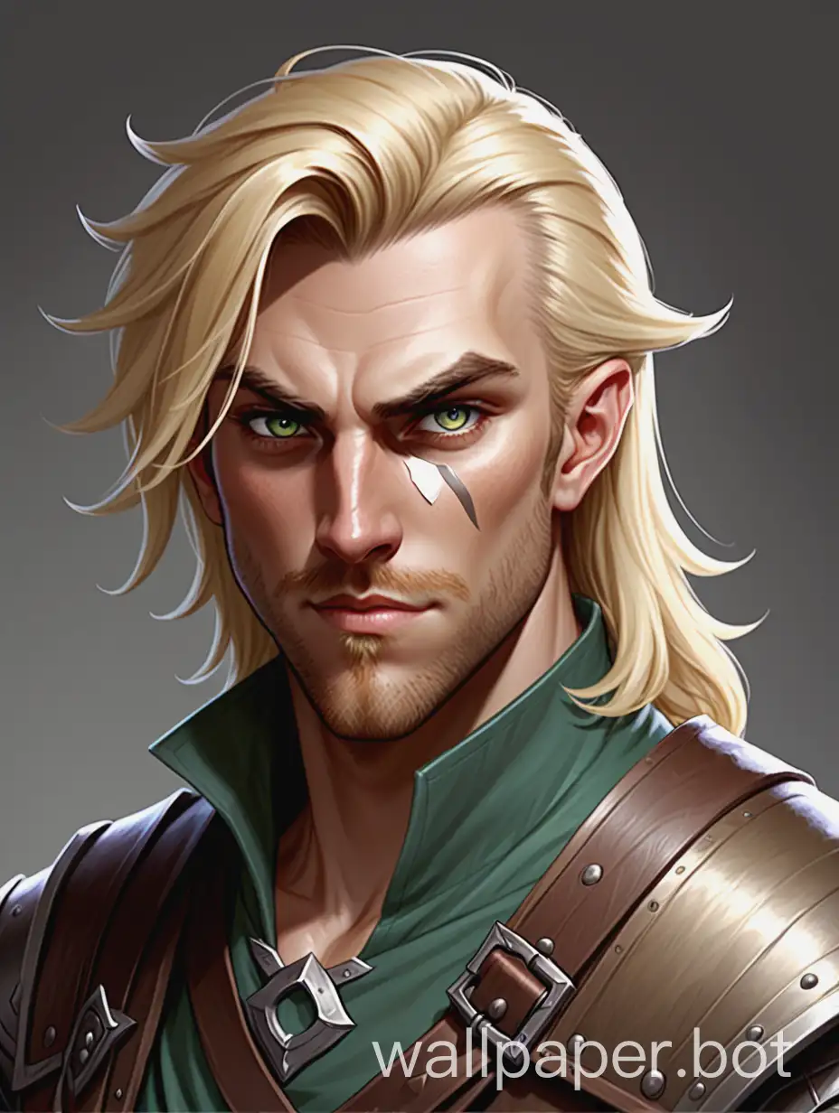 dungeons and dragons OC, concept, roguish blond, hexblade, rogue, magic thief, dashing, gruff, defined under eyes, brushed back hair, adult, suave, medium armor, handsome, adventurer, eyepatch, neutral soft expression, artwork, digital art, character art
