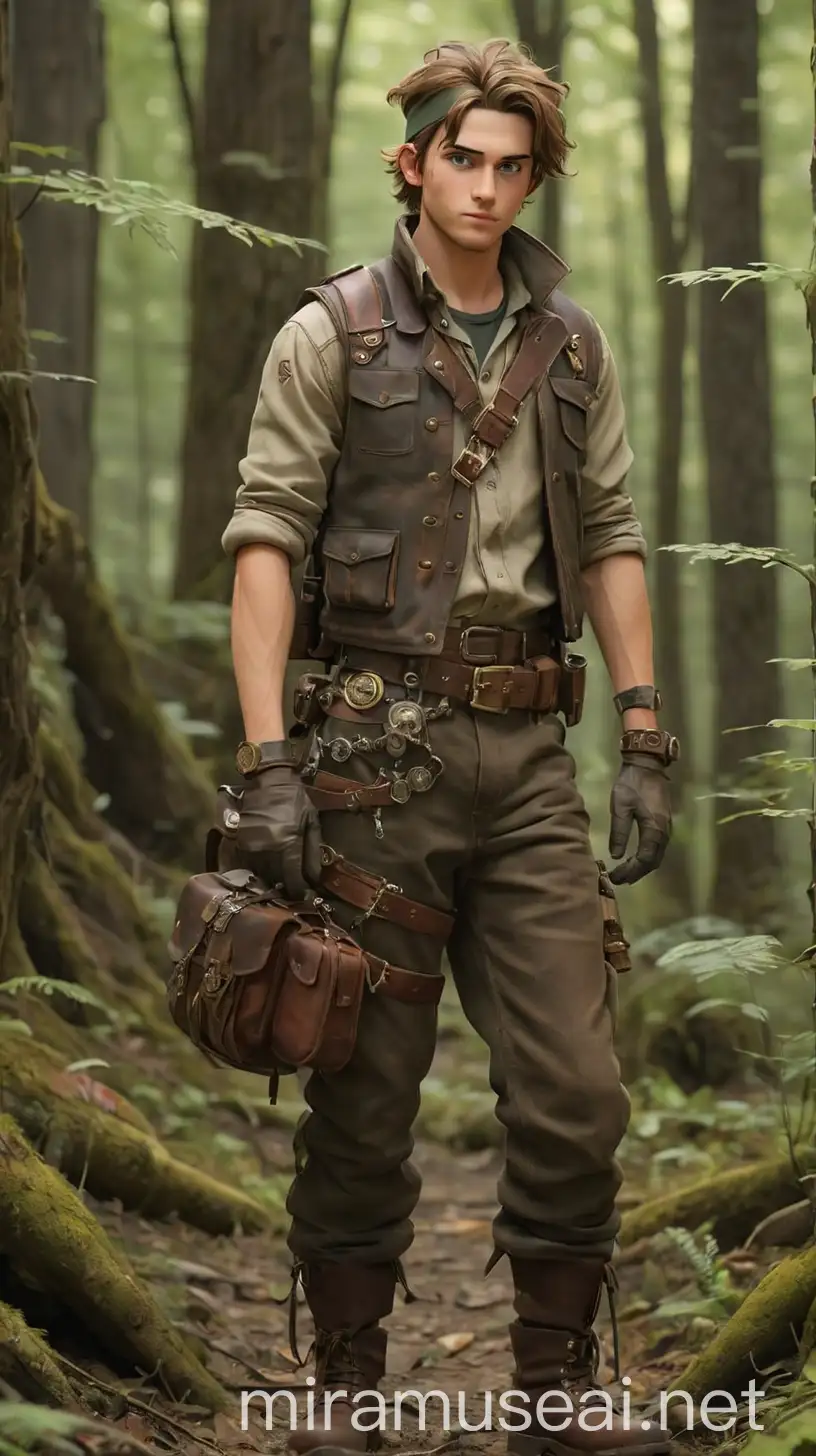 Rugged Forestpunk Hunter in Steampunk Style Adventure Outfit with Gear and Accessories