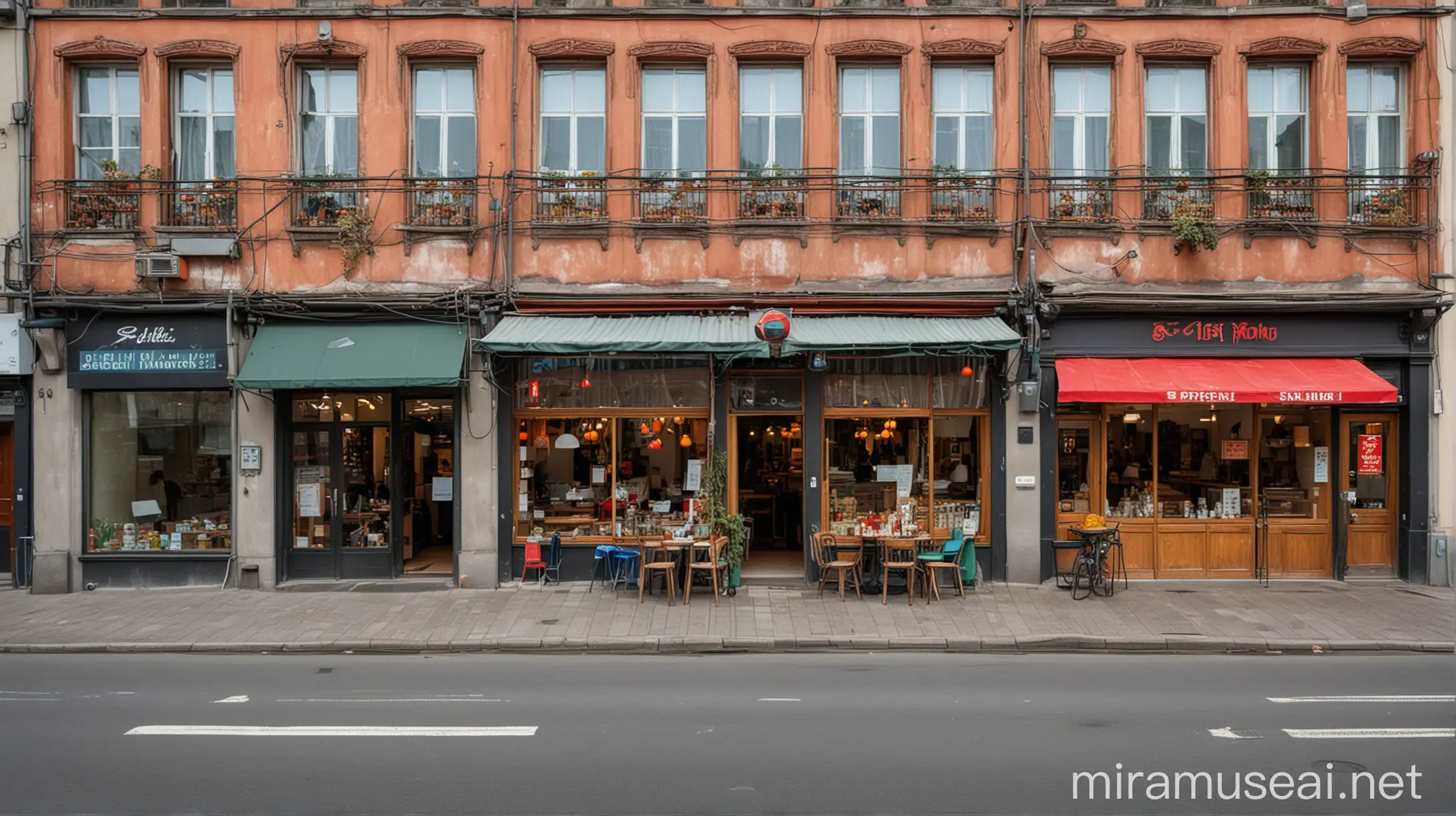 berlin street with Vietnamese restaurants and store on the ground floor of the buildings. image is front view