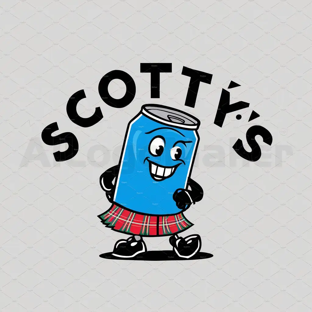 a logo design,with the text "Scotty's", main symbol:bright blue can wearing a kilt,Moderate,clear background