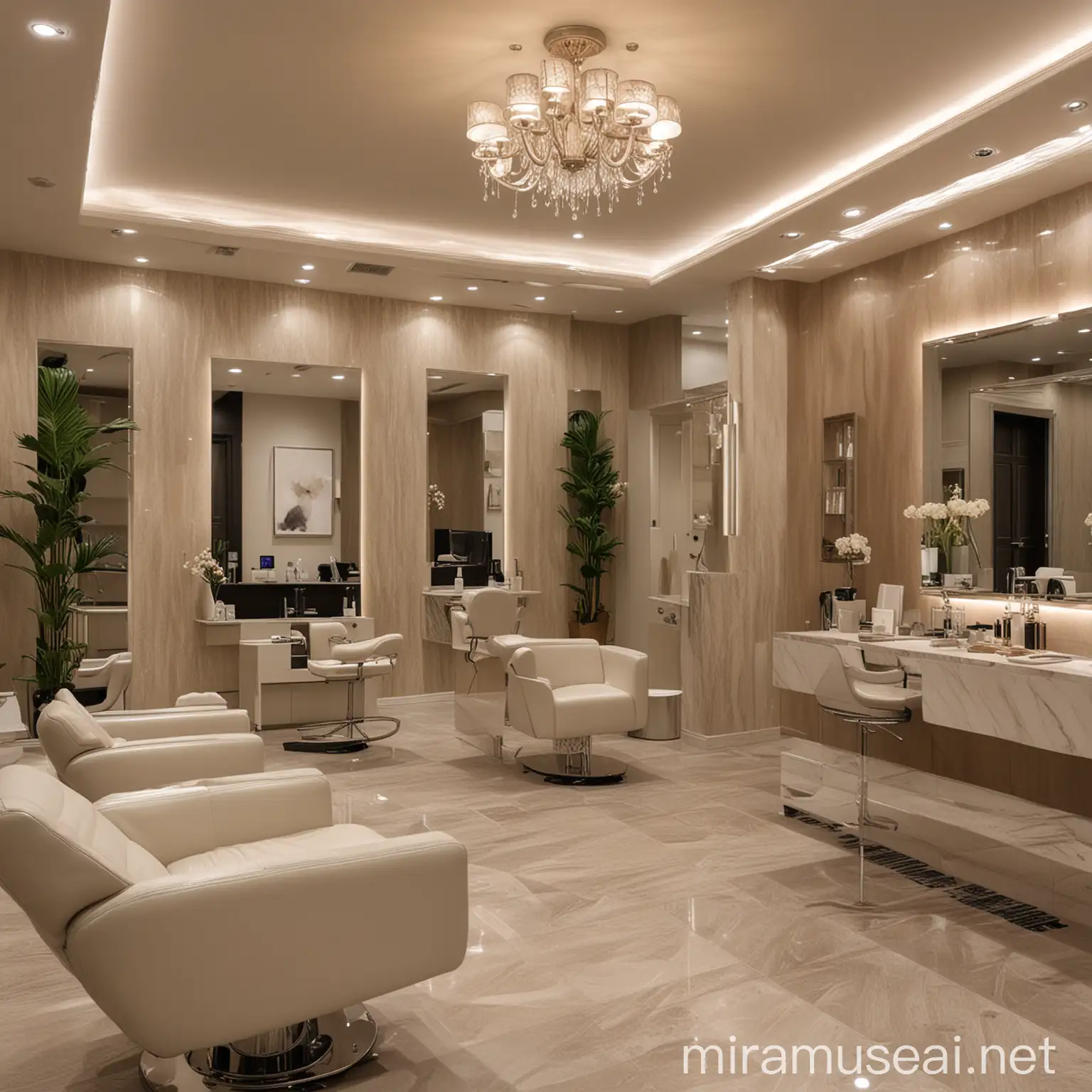 please design a serene and stylish beauty salon within an 800 sqft space. Your client envisions a haven where clients can escape the hustle and bustle of everyday life and indulge in pampering treatments. They want the design to reflect sophistication, tranquility, and modern elegance. From the layout to the color scheme, furniture selection, and lighting design, every element should contribute to creating a welcoming and luxurious ambiance. Consider how to optimize the space to accommodate various services while ensuring comfort and privacy for clients. Let your creativity flow as you design the interior of this beauty
