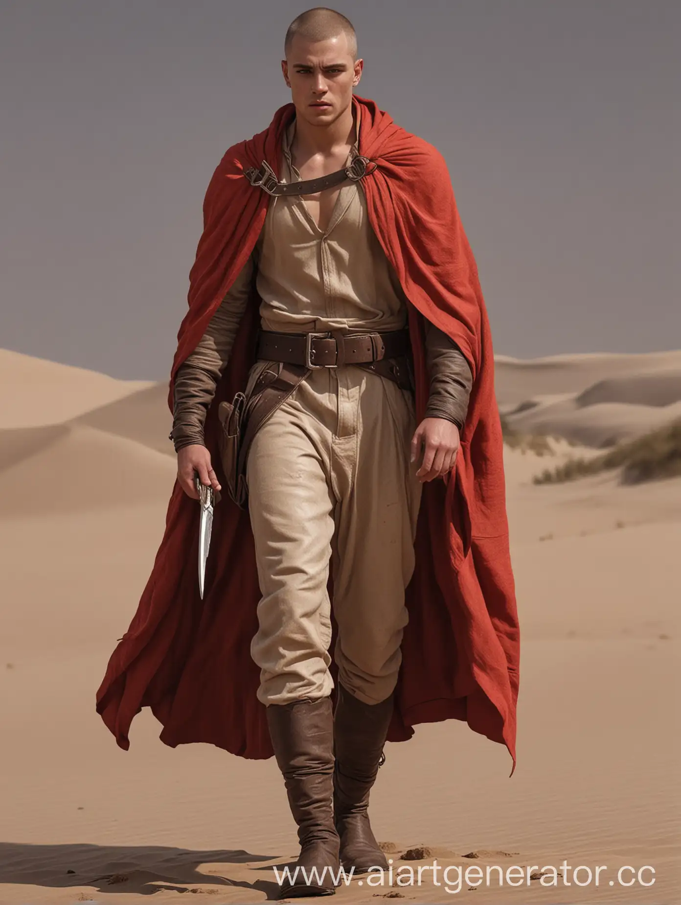 Young-Man-with-Buzz-Cut-Hairstyle-and-Red-Cloak-in-Dune-Style