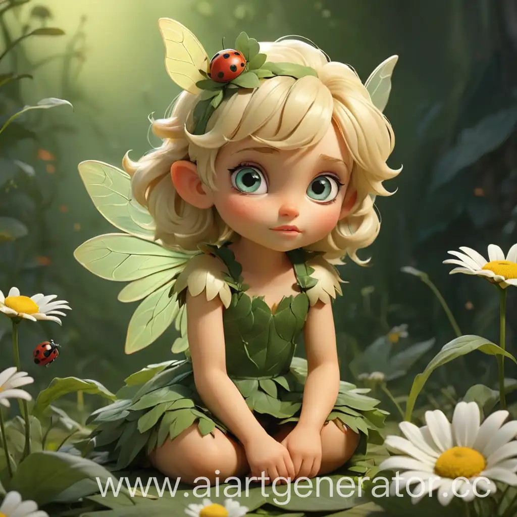мультяшная маленькая фея блондинка сидит на ромашке и наблюдает за божьей коровкой, эльфийские уши, платье из листьев, пастельные оттенки