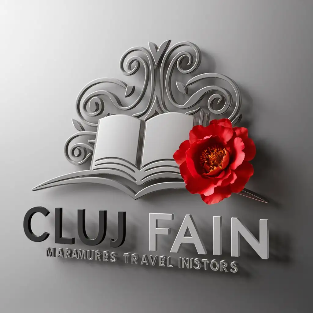 a logo design,with the text 'Cluj Fain', main symbol:a traditional motif from Maramures, a book, and a red peony flower,Moderate,be used in Travel industry,clear background