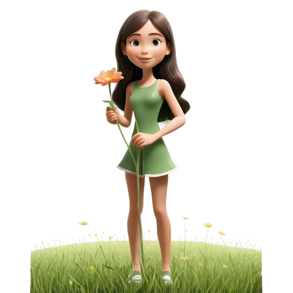 a cute cartoonish girl holding a flower in a green field