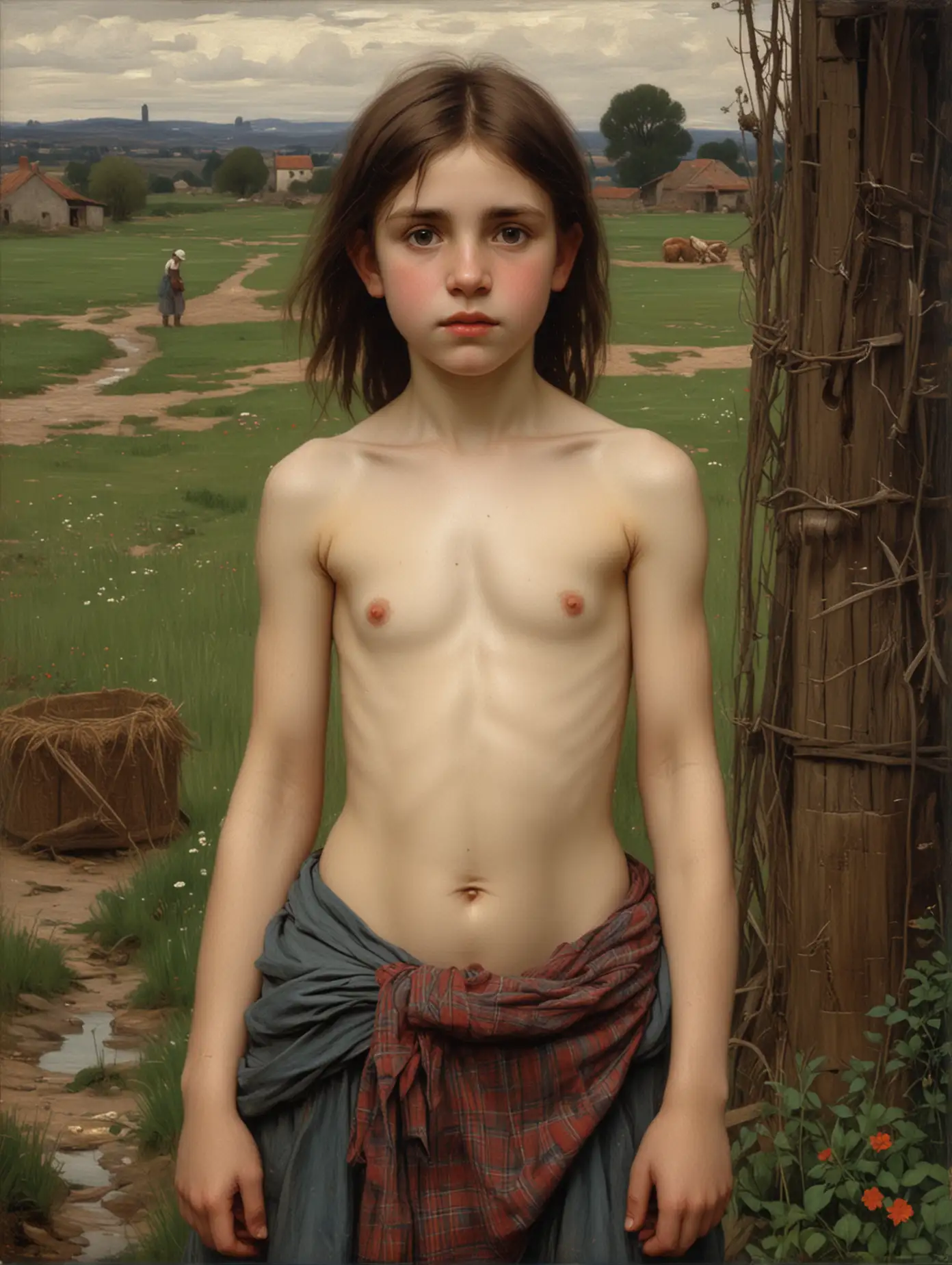 John William Waterhouse portrait of topless eleven-year-old peasant girl in farm