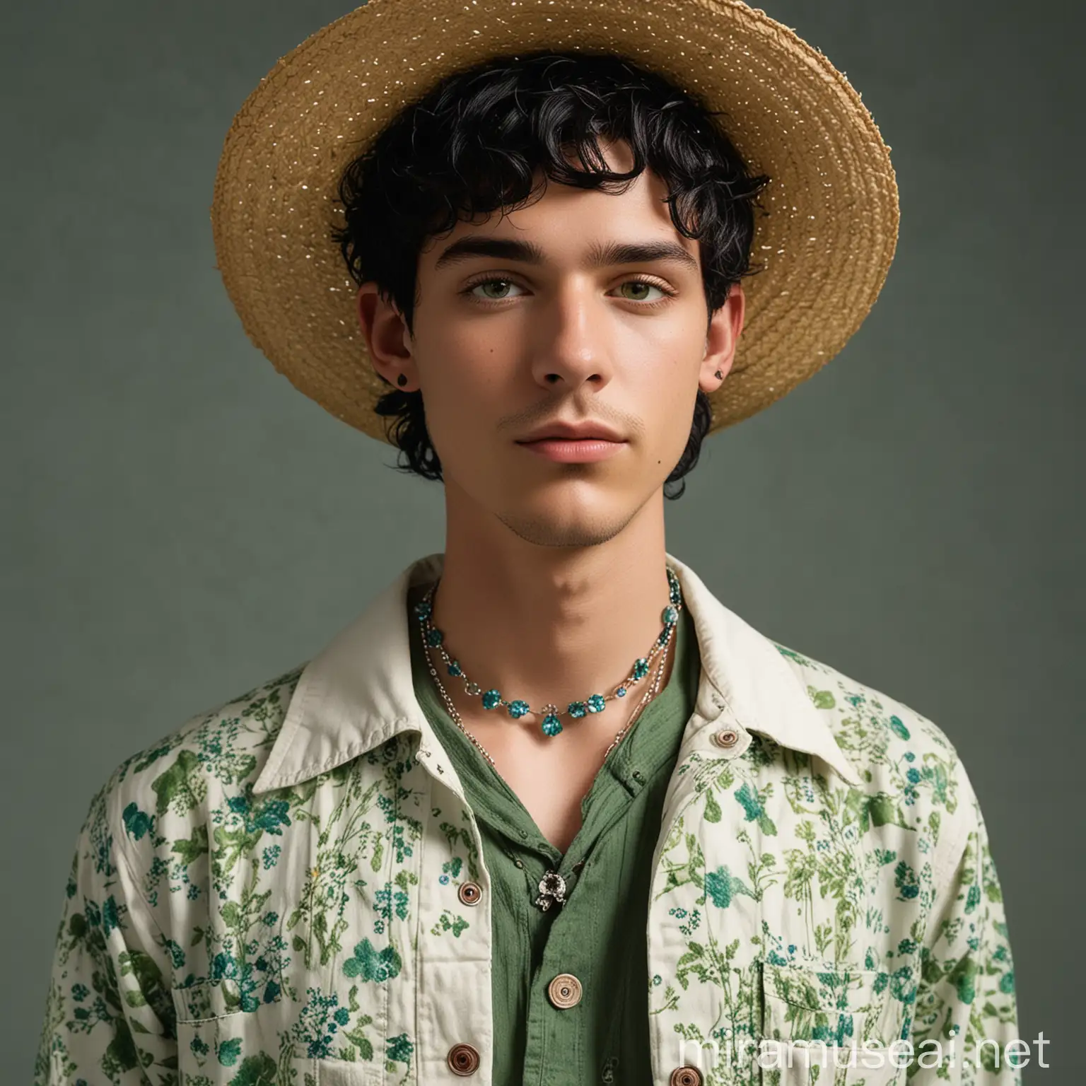 Young Man with Wavy Black Hair and EmeraldGreen Eyes in Stylish Floral Jacket and Gardeners Hat with Indigo Crystal Necklace