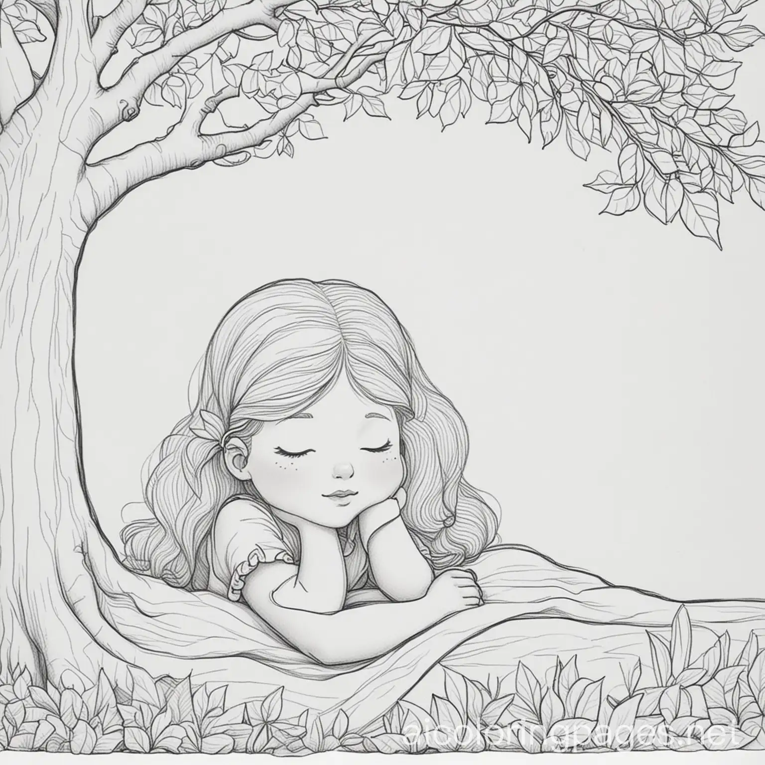 A little girl sleeping while sitting under a tree. Her eyes are closed. Colouring page, black and white, line art, white background. Simplicity, ample white space. The background of the colouring page is white to make it easy for young kids to colour within the lines. The outlines of the subjects are easy to distinguish. Very simple design , Coloring Page, black and white, line art, white background, Simplicity, Ample White Space. The background of the coloring page is plain white to make it easy for young children to color within the lines. The outlines of all the subjects are easy to distinguish, making it simple for kids to color without too much difficulty