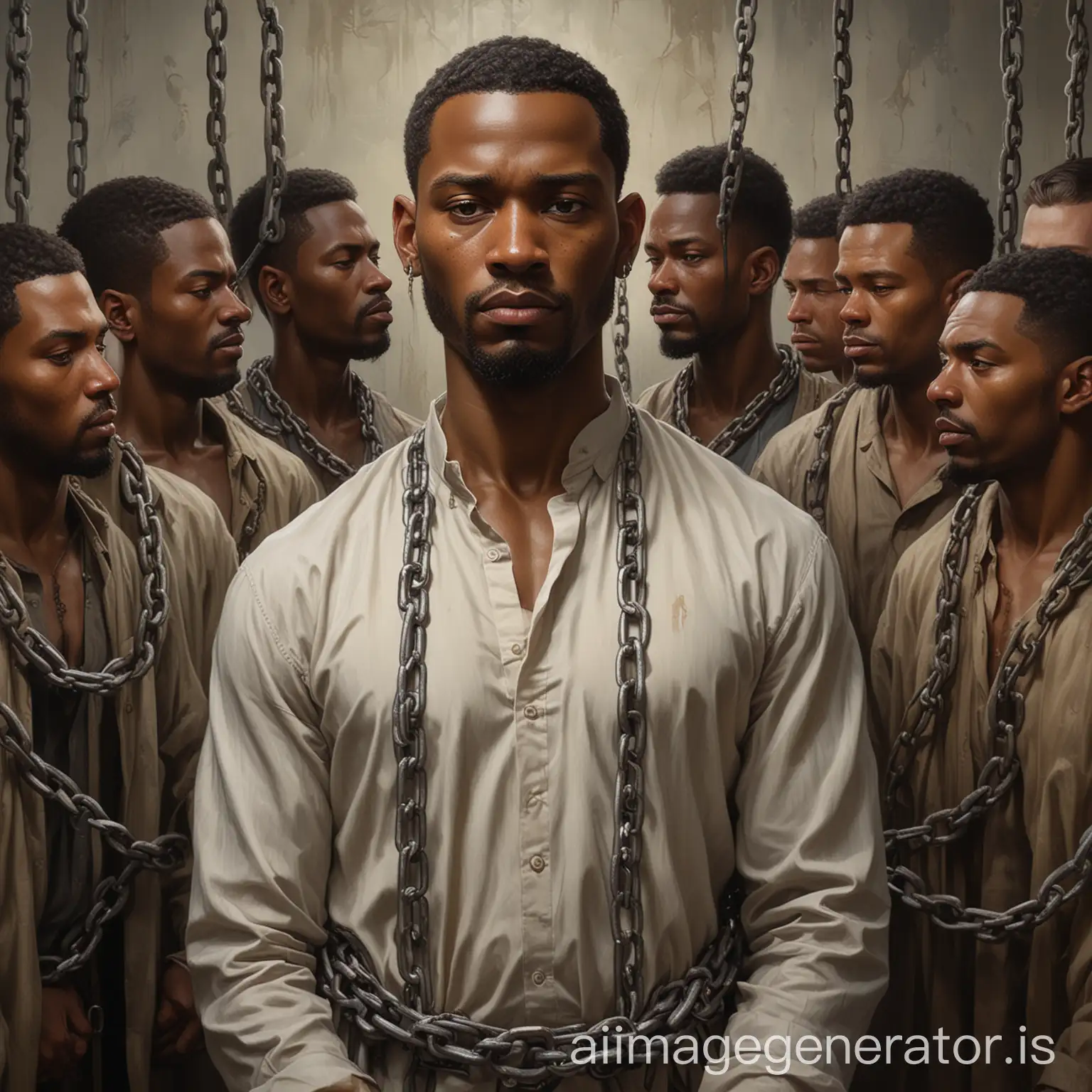 there is a man standing in front of a group of men, artwork of pedro bell, a portrait of the character, painting by android jones, rob rey, stefan koidl inspired, dramatic artwork, the the man is wrapped in chains, inspired by Kadir Nelson, fan art, by Jason Benjamin, slave, by Galen Dara, featured art, background artwork