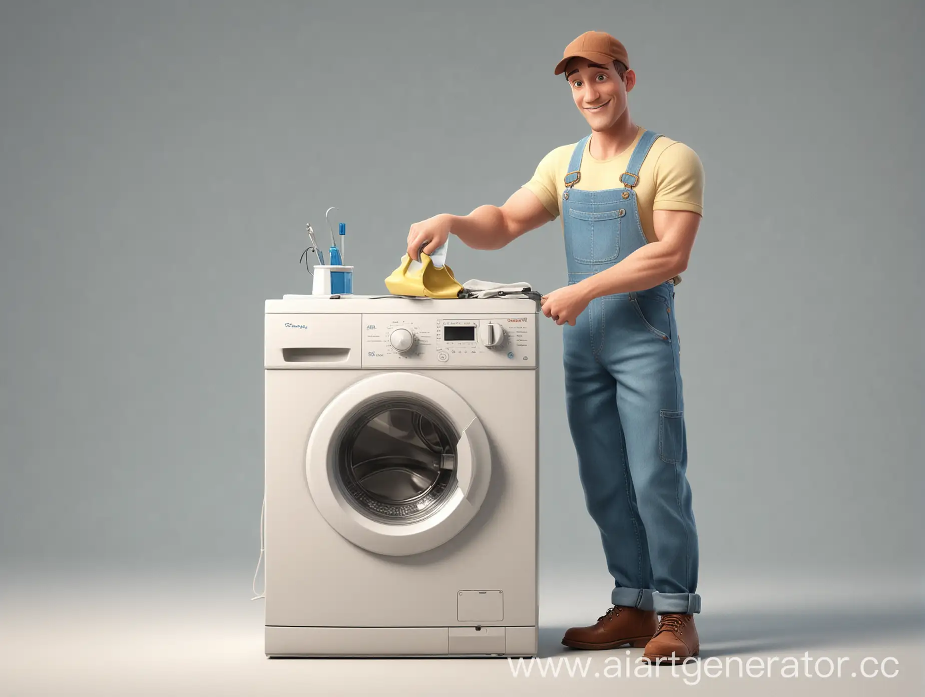 Positive prompt:

A Disney-style 1930s repairman, in a minimalist style with soft, rounded features, standing next to a washing machine and fixing it with tools. The repairman should be depicted as a separate object on a transparent background, with minimal details and using the same color palette as classic Disney cartoons.
Additional details:

The repairman should be wearing overalls, a cap, and a tool belt.
The washing machine should be a classic, top-loading model.
The tools should include a wrench, screwdriver, and pliers.
The overall style should be cheerful and optimistic, reminiscent of classic Disney animation.
<img src="prompt: A Disney-style 1930s repairman, in a minimalist style with soft, rounded features, standing next to a washing machine and fixing it with tools. The repairman should be depicted as a separate object on a transparent background, with minimal details and using the same color palette as classic Disney cartoons. --no harsh lines or sharp edges --no realistic details --no colors outside the classic Disney color palette --no suggestive or offensive content">

