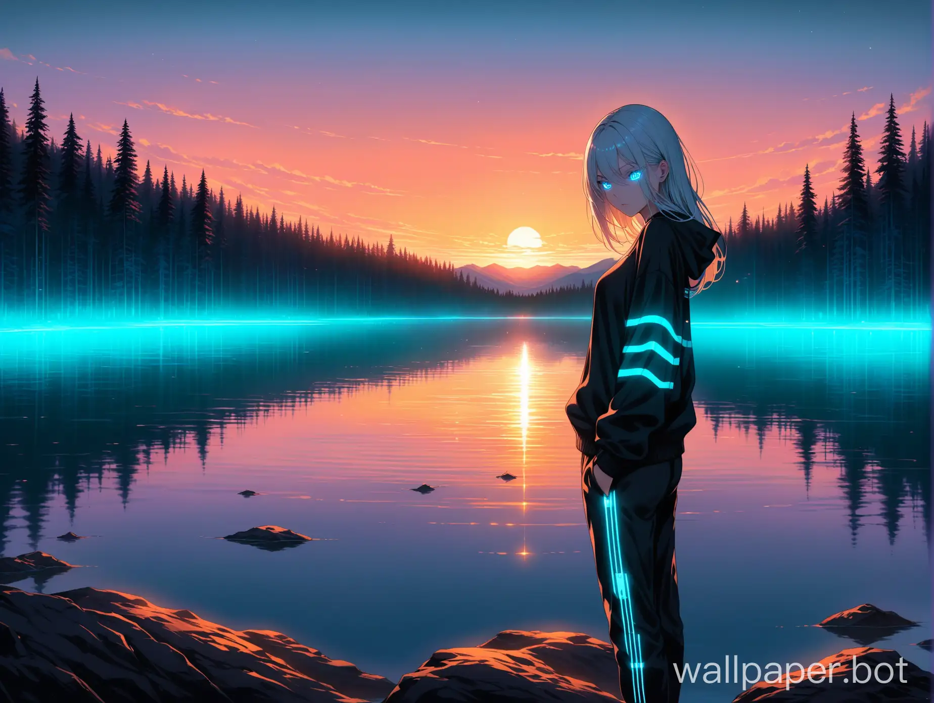 high-res, masterpiece, cyber, futuristic, sunset, lake, forest, girl on the other side of the lake far away in black sweater, blue glowing eyes, sweatpants