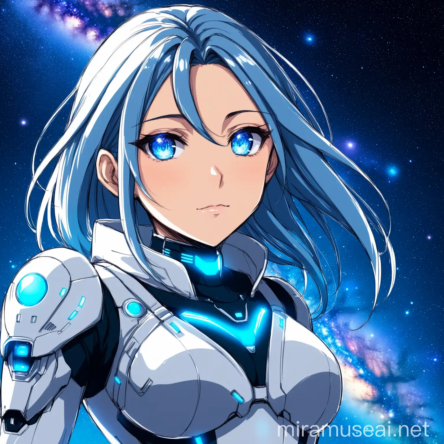 Milky Way galaxy humanization, anime style, Futuristic clothis, sexy but cold face