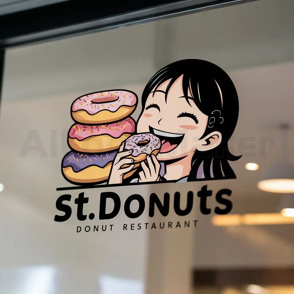 a logo design,with the text "St.Donuts", main symbol:Kind Japanese anime girl eagerly eating donuts,Moderate,be used in Restaurant industry,clear background