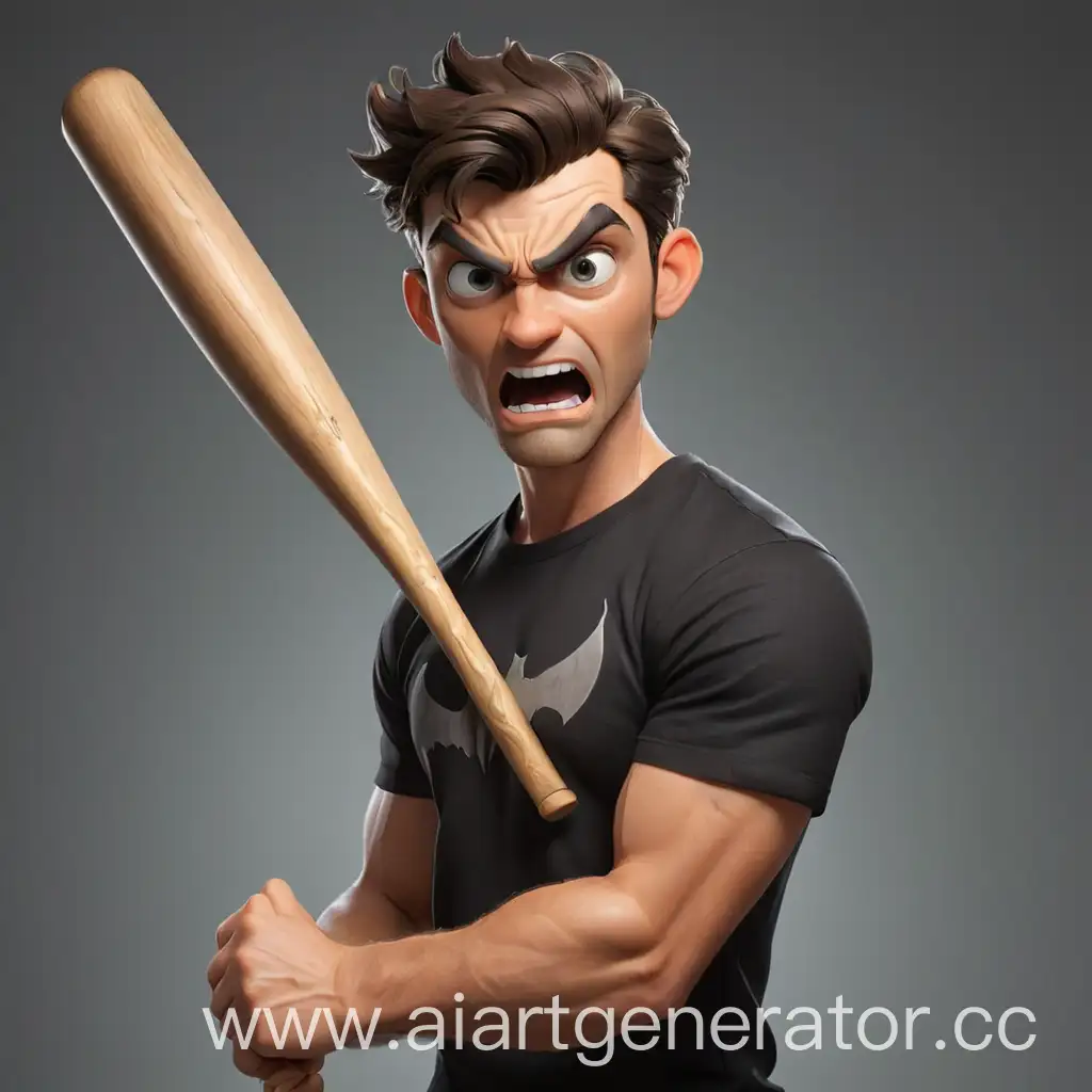 Outraged-Handsome-Man-in-Black-TShirt-Swinging-Baseball-Bat
