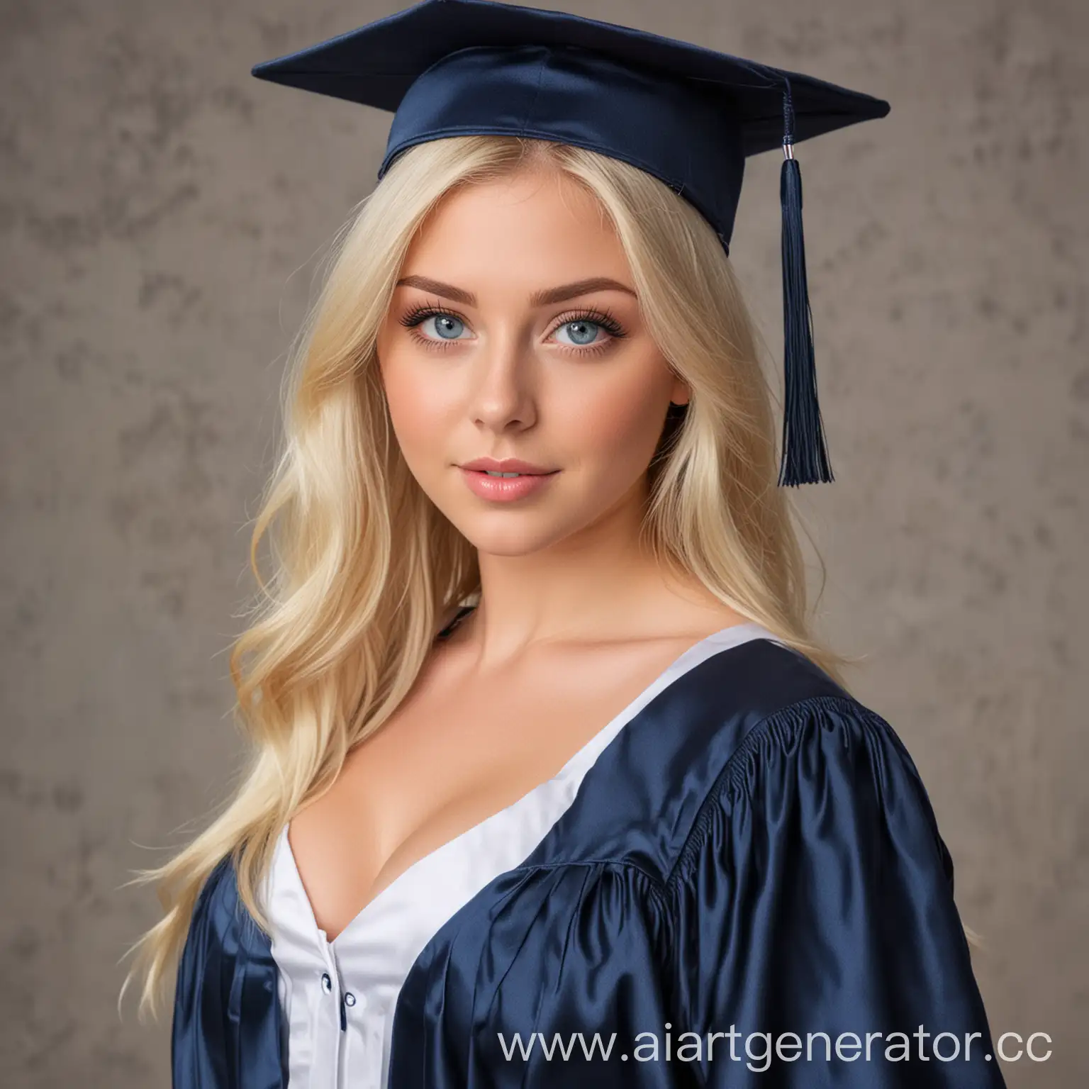 busty girl with blonde hair and blue eyes wearing a graduation outfit and hat. emphasis on her ample breasts.