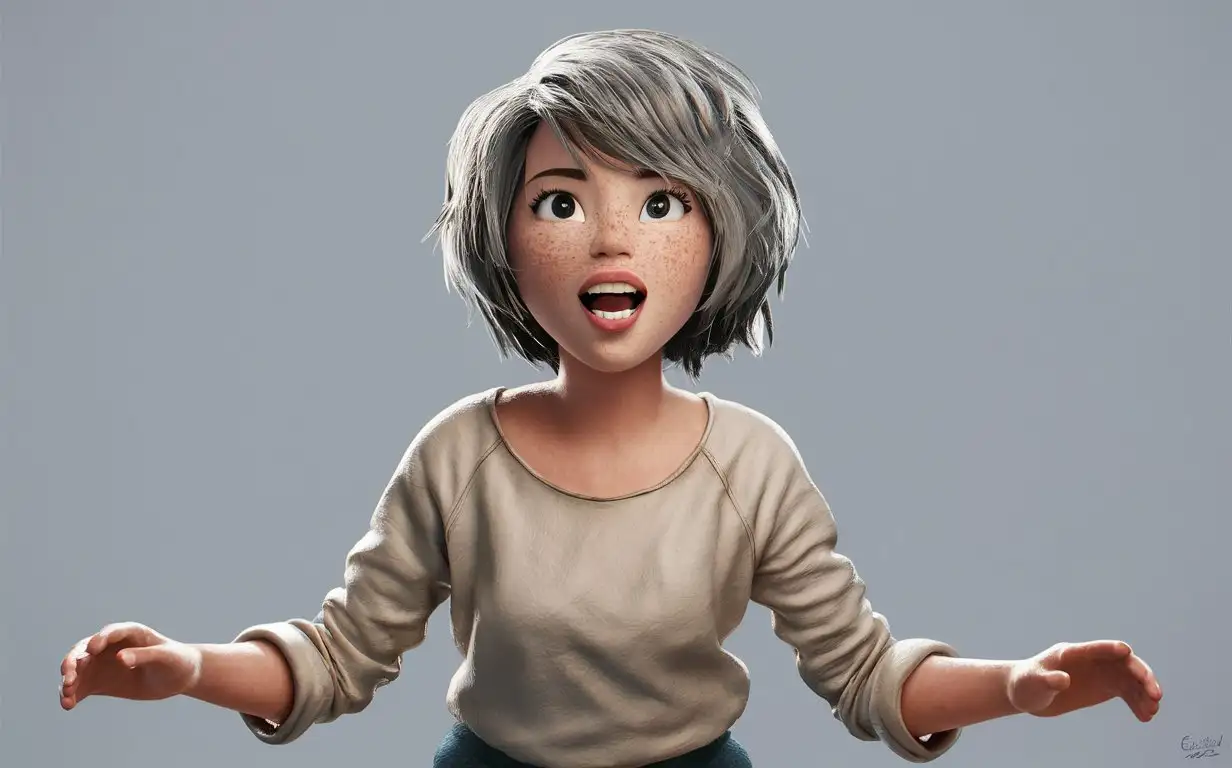 Clay model, clay material:1.5),(Clay texture, clay texture texture:1.4),(in the style of clay animation, stop motion animation:1.4),solo, realistic, emma stone, simple background, looking up, green hair, freckles, sweater, upper body, grey background, short hair, white sweater, teeth, black eyes, open mouth, shirt, white shirt, parted lips, messy hair, long sleeves, Clay style