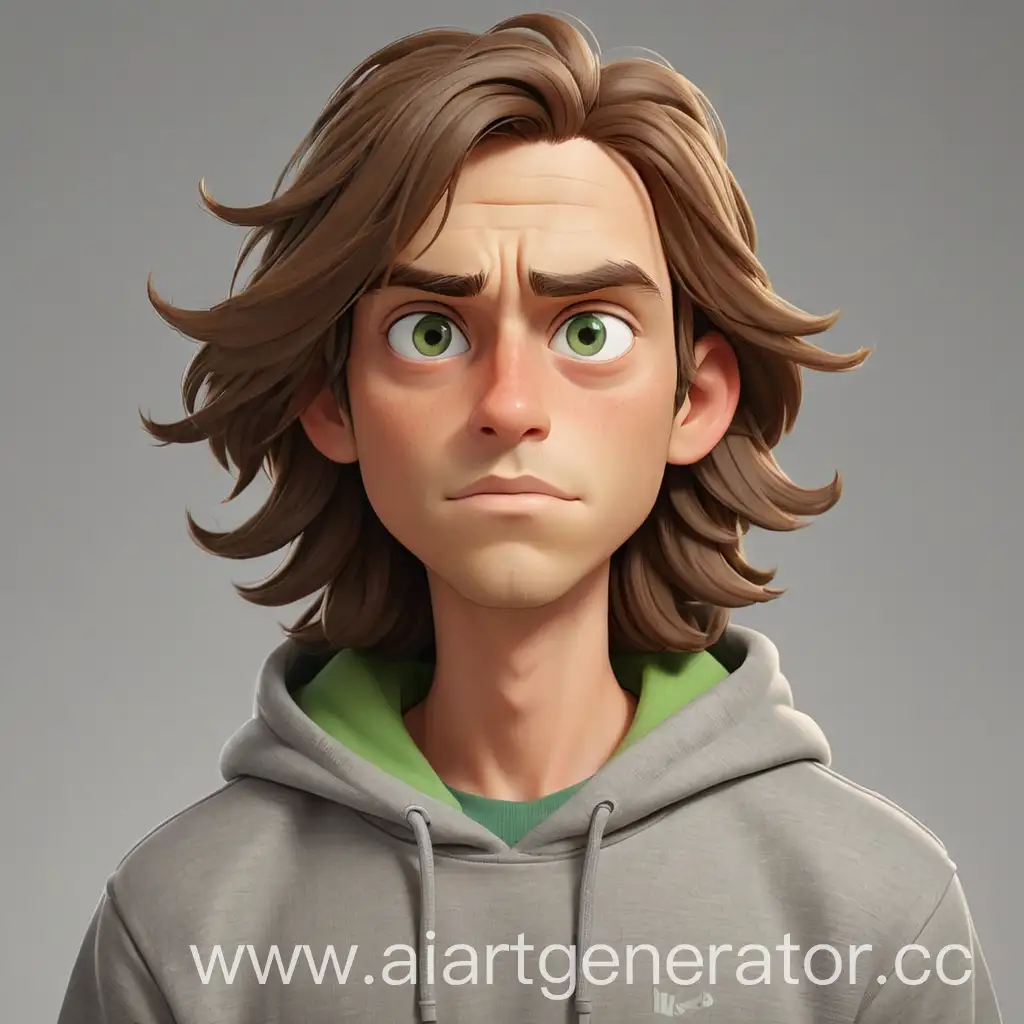 a small cartoon guy in full growth with long brown hair down to the chin lines, green-eyed in a gray hoodie, smooth skin on the face without vegetation without a hood on his head
