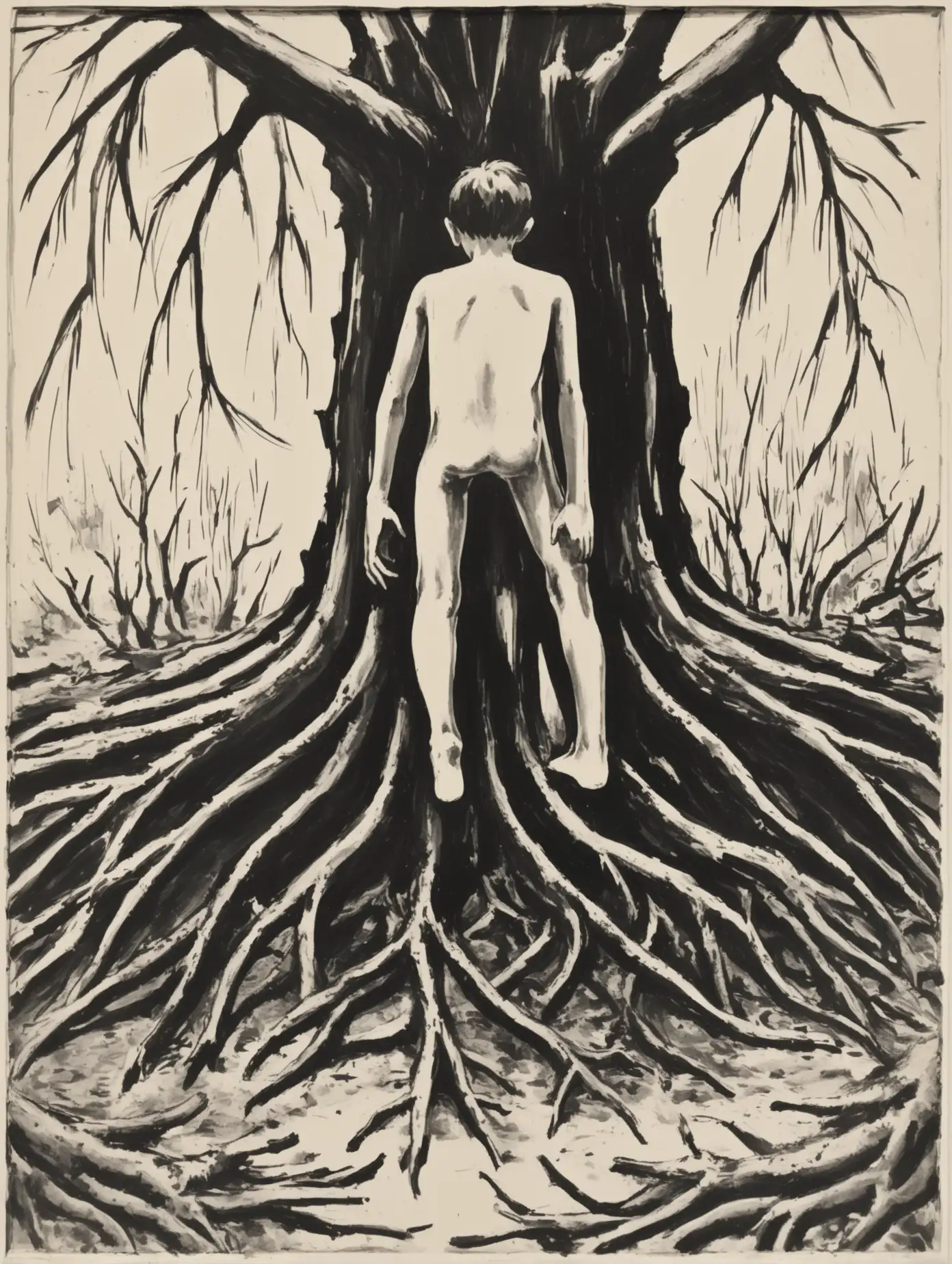 A simple black and white painting from the beginning of the 20th century is drawn with brush strokes of the figure of a boy about 12 years old standing from his back whose legs become tree roots