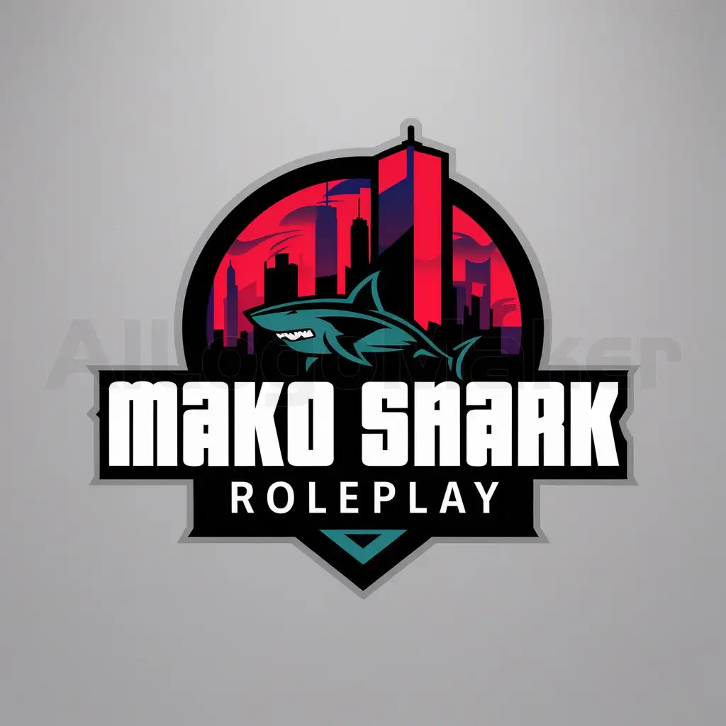 LOGO-Design-For-Mako-Shark-Roleplay-Vibrant-Urban-Cityscape-with-Red-and-Blue-Lights