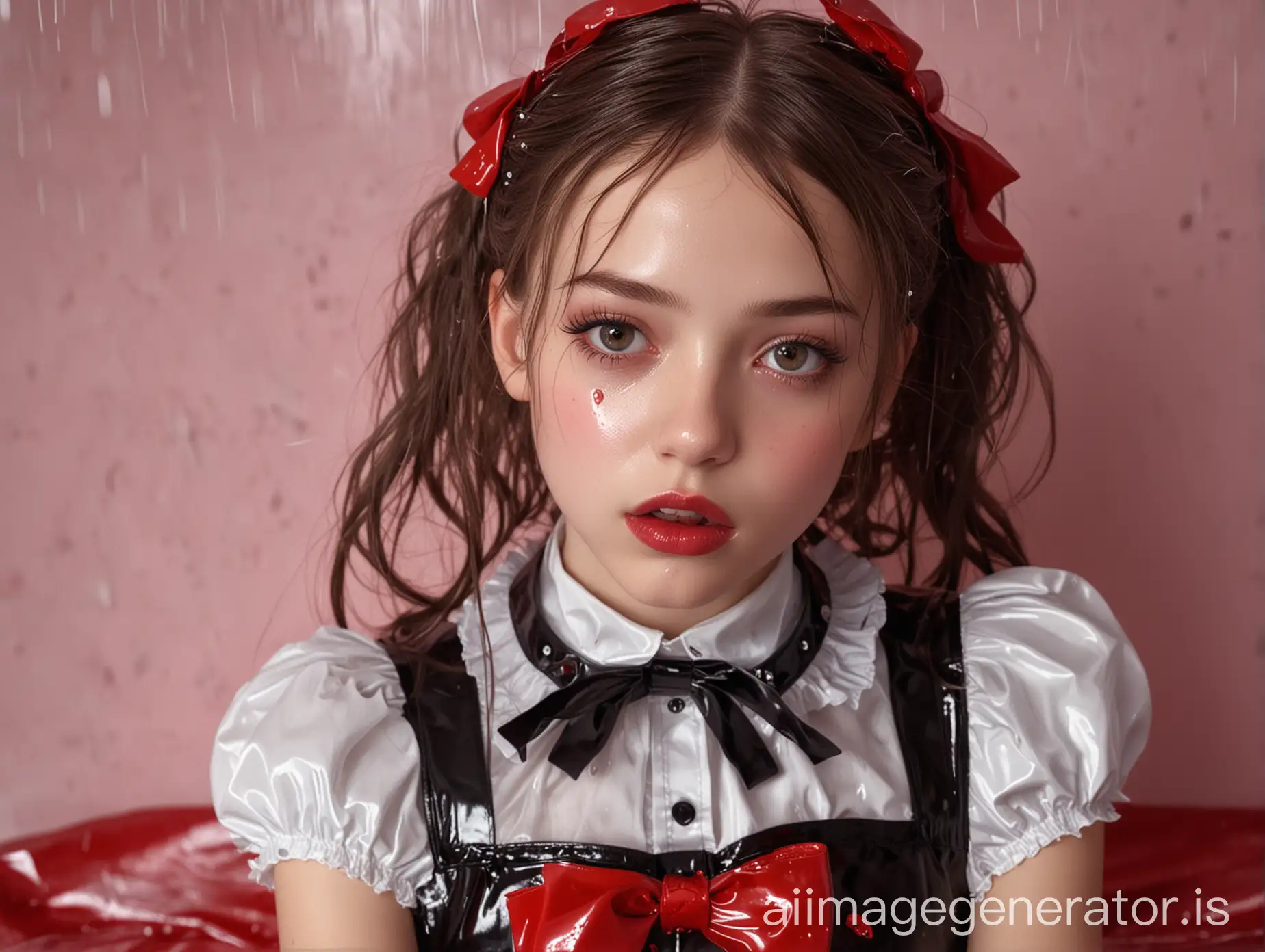 Hyperrealistic-French-Lolita-Girl-in-Shiny-Black-and-Red-Latex-Outfit-Under-Heavy-Rain