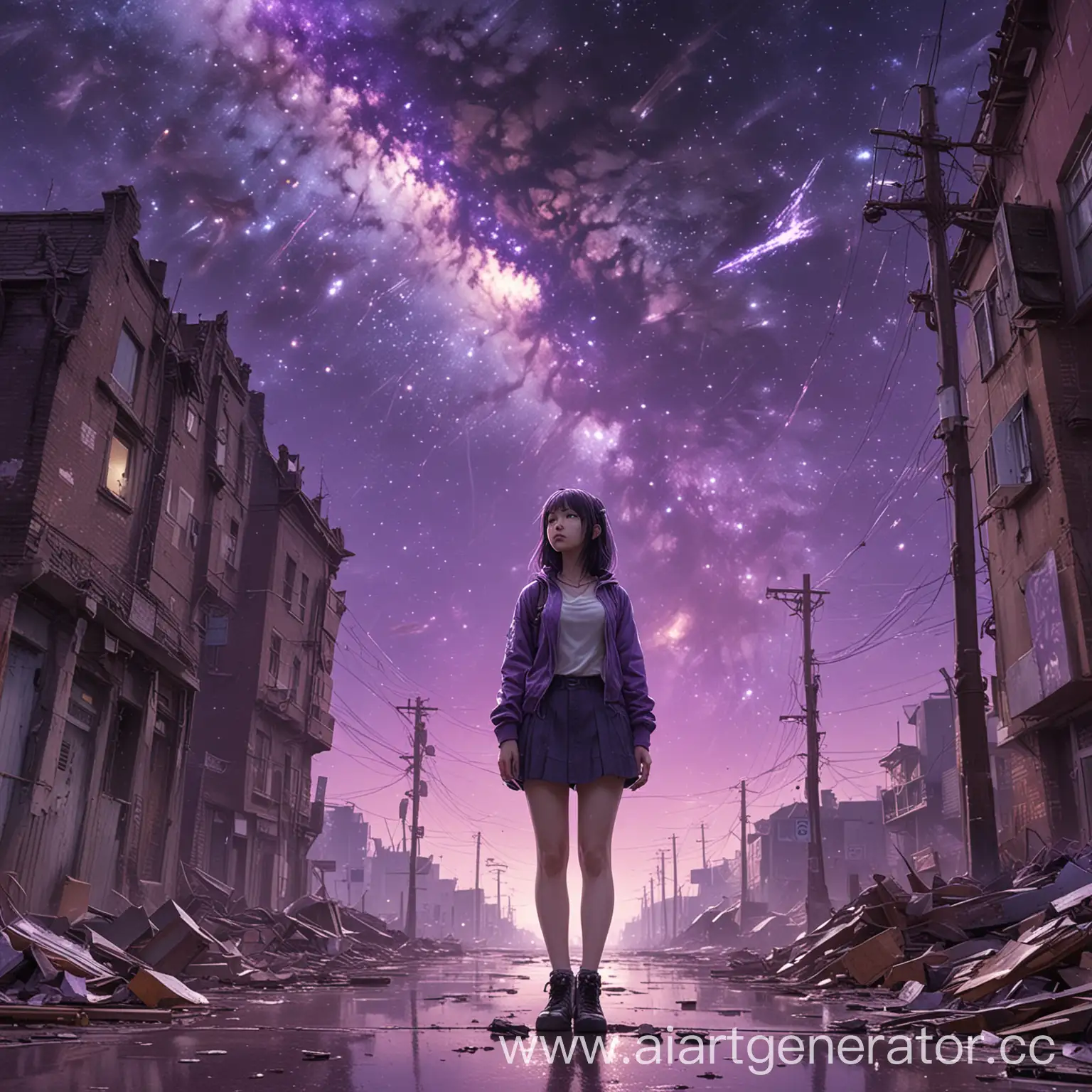 a woman standing in front of a purple background, artwork in the style of. ‘guweiz, character album cover, wrecked technology, the sky has the milky way, anxious steward of a new castle, the diskworid, breakcore, warmly Ii, sidewalk, runic words, toko fukawa