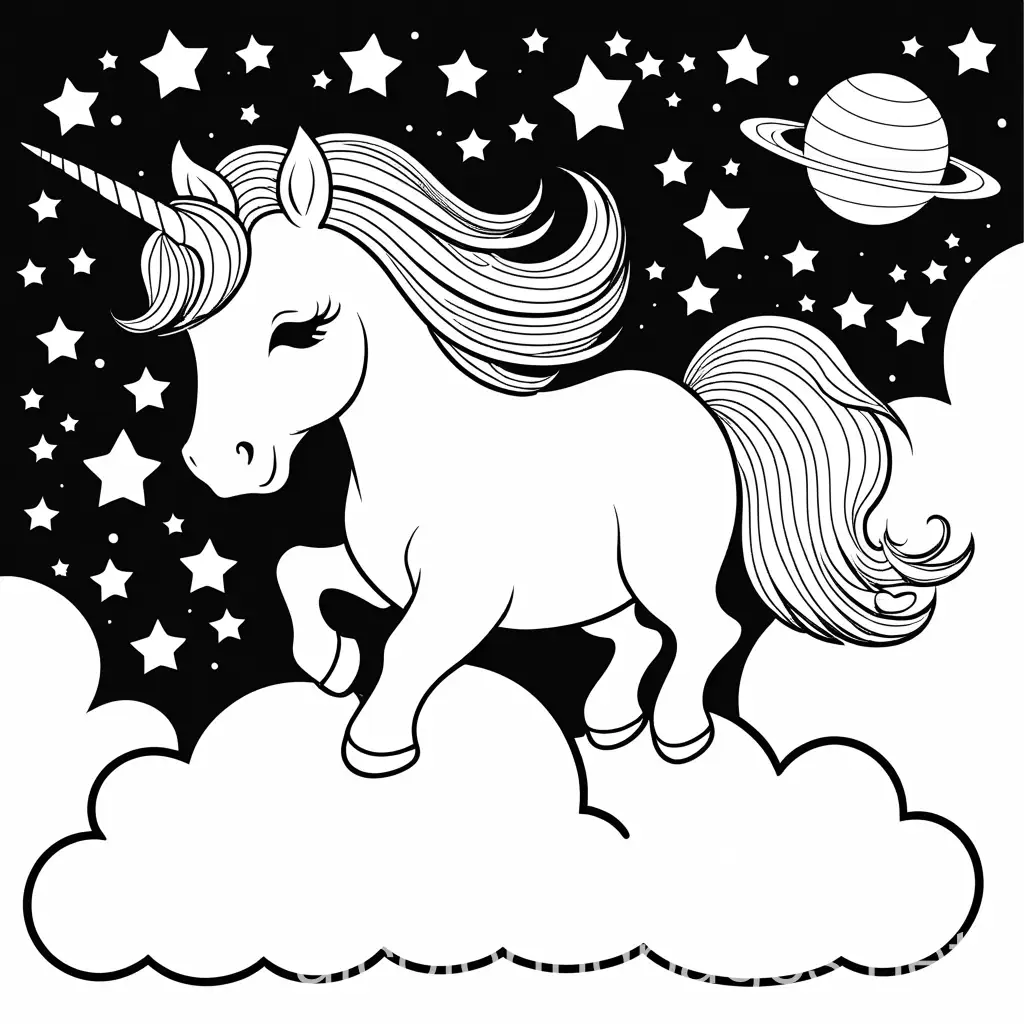 cute easy to color  unicorn, smiling ,on a cloud, planets and stars.  Coloring Page, black and white, line art, white background, , Simplicity, Ample White Space