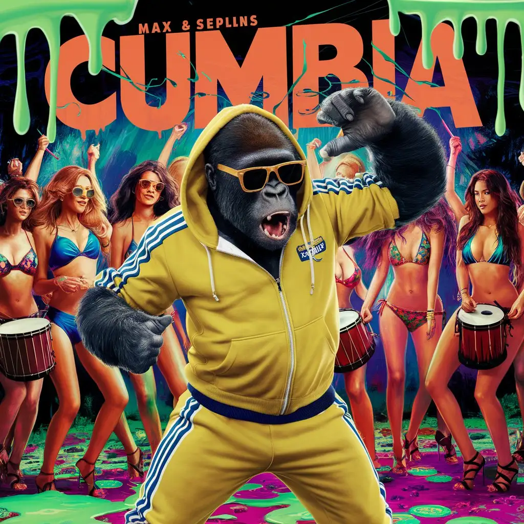 the words "CUMBIA"  in a background in a BOLD mad max font style and colorful drippy slime with bright neon green colors and conga drums. gorilla wearing sunglasses and yellow tracksuit with hoodie. Gorila is surrounded by big sexy bootys in bikinis around his face.