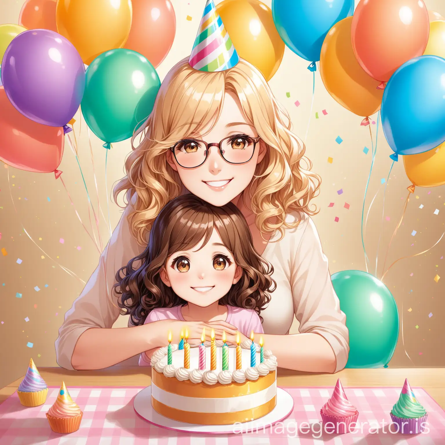 A mother hugging her daughter and they are wearing party hats, and there is some balloons upon their head, they are smiling and looking at the camera, it is mother`s birthday, the cake is on a table in front of them, they are happy. the mother has curly medium blond hair and the daughter has glasses and medium dark brown wavy hair.