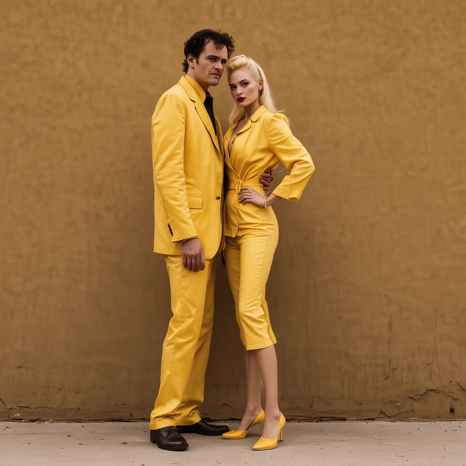 man and woman in yellow tarantino style