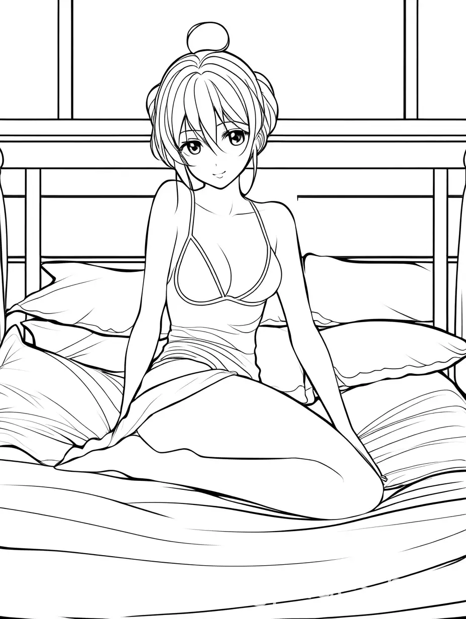 Anime-Girl-in-Playful-Pose-on-Bed-Black-and-White-Coloring-Page
