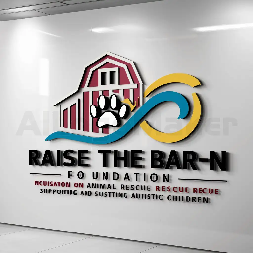 a logo design,with the text "Raise The Bar-n Foundation", main symbol:This is for an animal rescue that also works with autistic children. Include a barn, a paw print, and an infinity symbol,complex,be used in Education industry,clear background