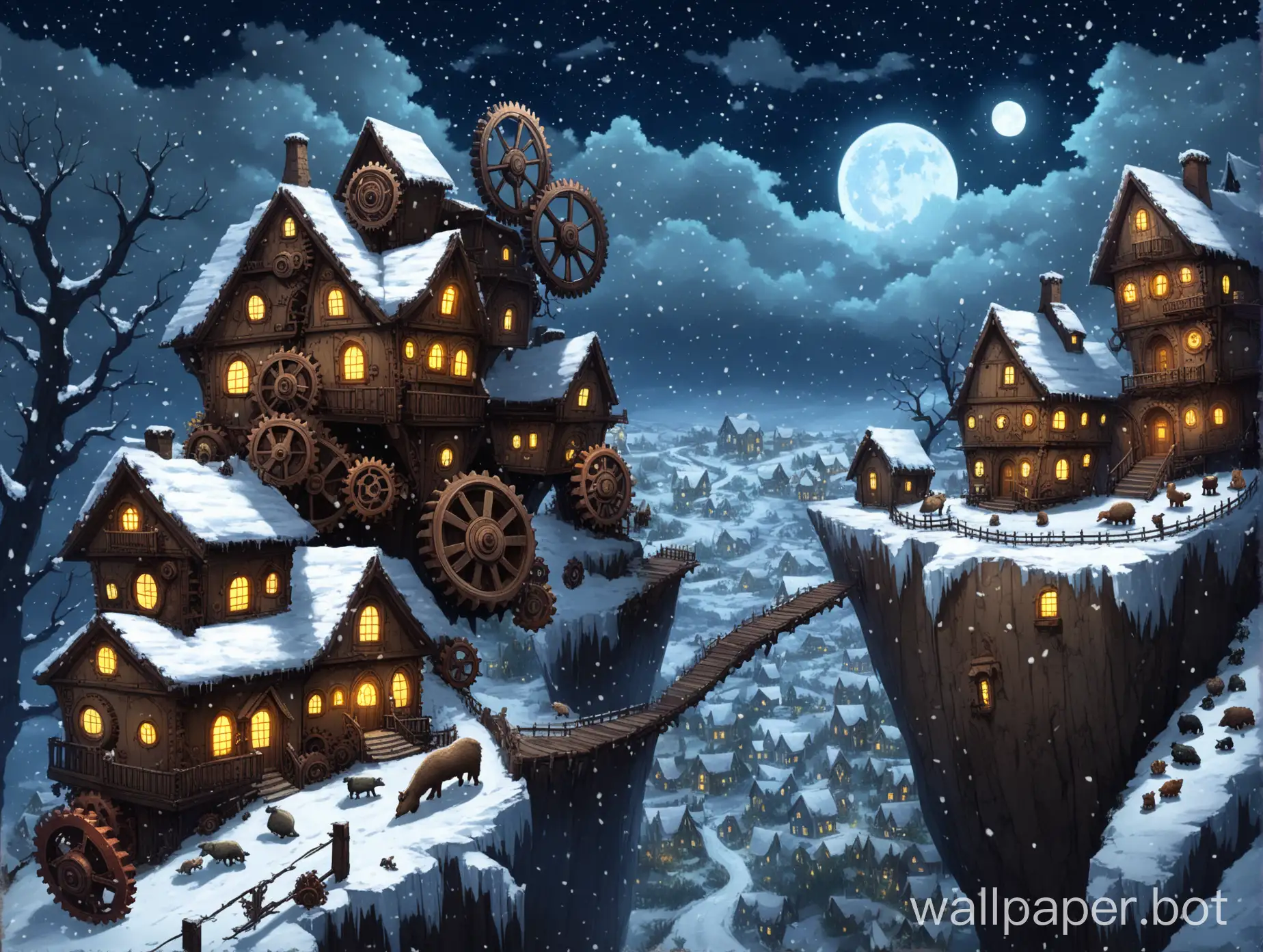 A house with many gears on the side of a cliff. There is a path from the house to a town you can see in the distance. There are some trees and some animals nearby. Its nightime and its snowing. All houses seem to have big gears on their roofs providing them with the energy they need Arcane style