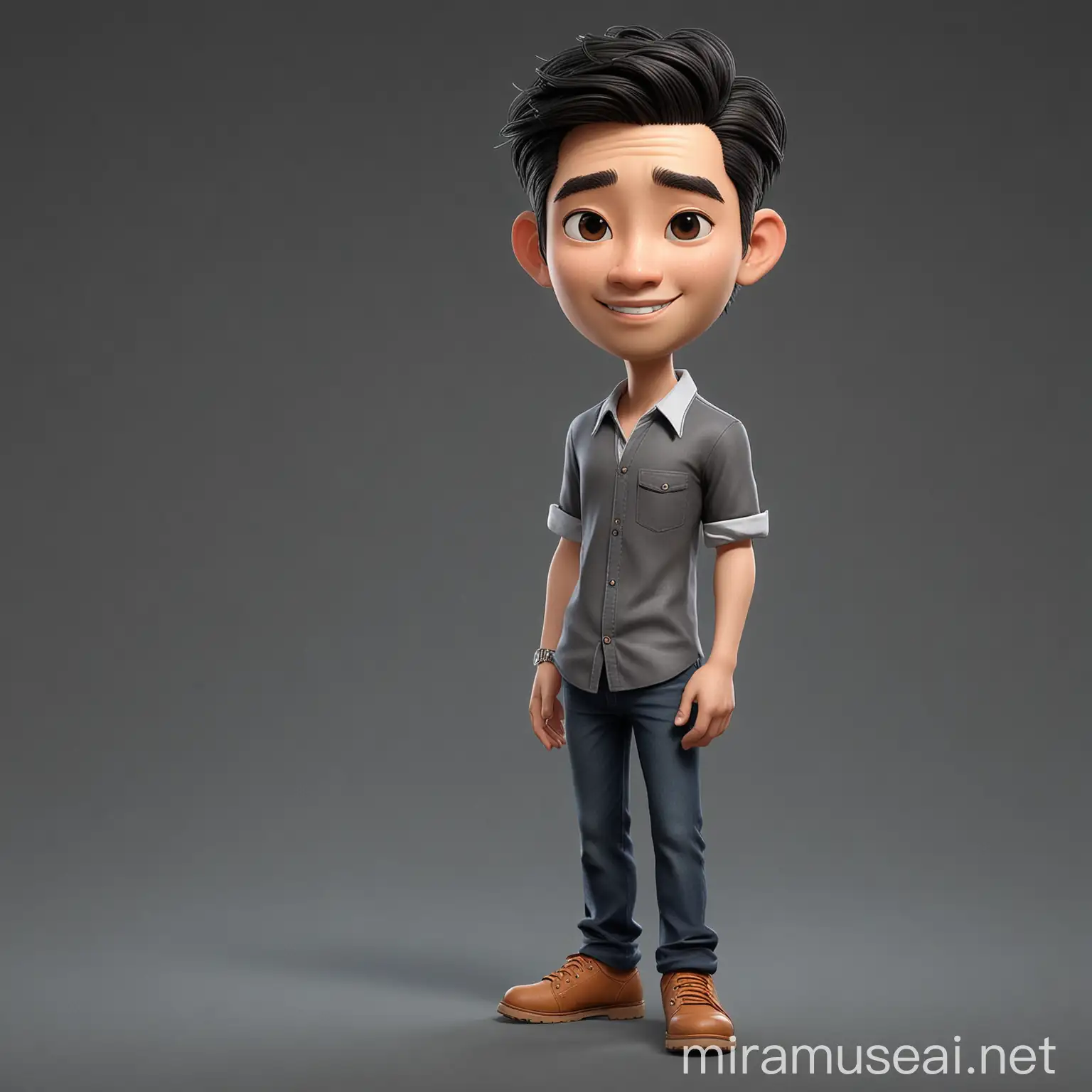 Asian Man Cartoon Character with Middle Part Hair and Black Shirt in Studio Setting