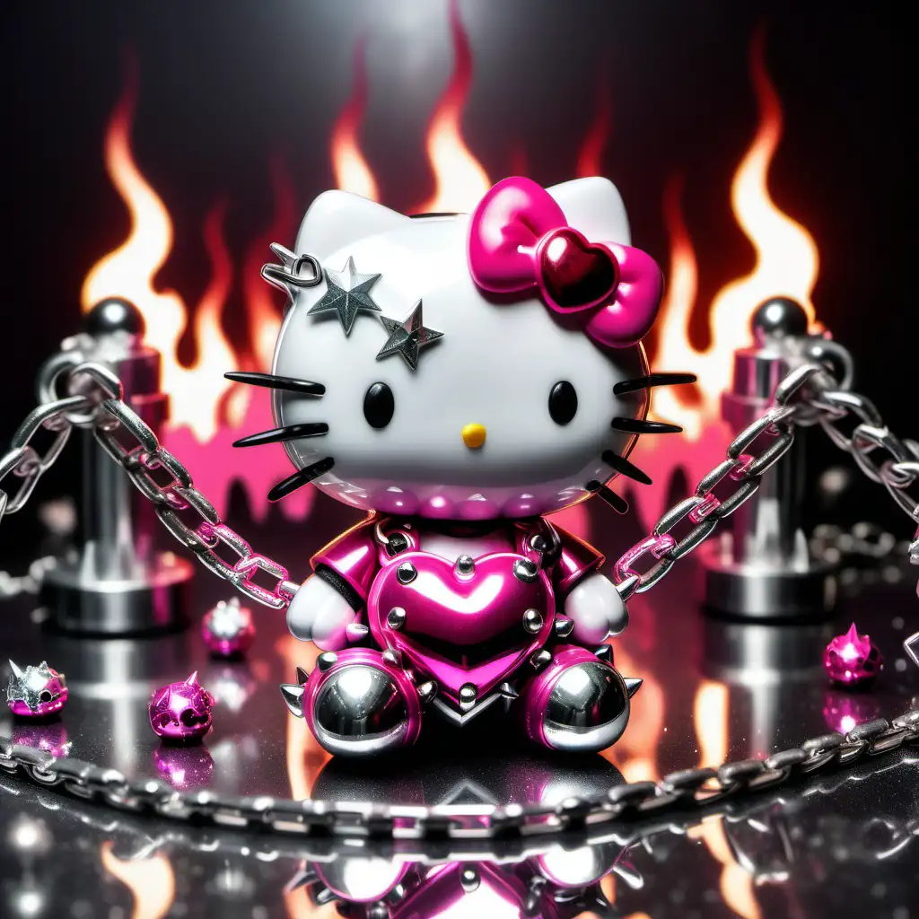 Hot Dark Pink Hello Kitty in chains and spikes,with diamonds on the chains, on silver reflective floor, with heart shaped bombs with spikes on fire in background, silver glitter and stars in background, badass, cute, punk rock, pretty, hello kitty