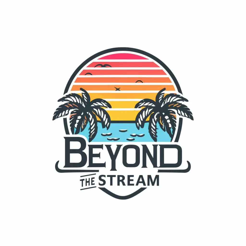 a logo design,with the text "Beyond The Stream", main symbol:palm trees with sunrise / setset,complex,be used in Music industry,clear background