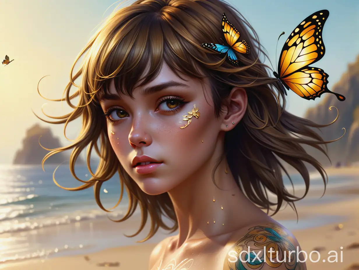 A fantasy hyper-realistic, beautiful young woman with her head slightly tilted to her shoulder, showcasing the visible half of her body adorned with golden swirl and butterfly tattoos. Her short, tousled brown hair with bangs is caught in the wind, with delicate drops glistening on her skin. She is set against a beach background with the sea, bathed in golden light, surrounded by stunning flowers, vivid colors, and precise painting details, created with oil painting and inks in 8K resolution. 